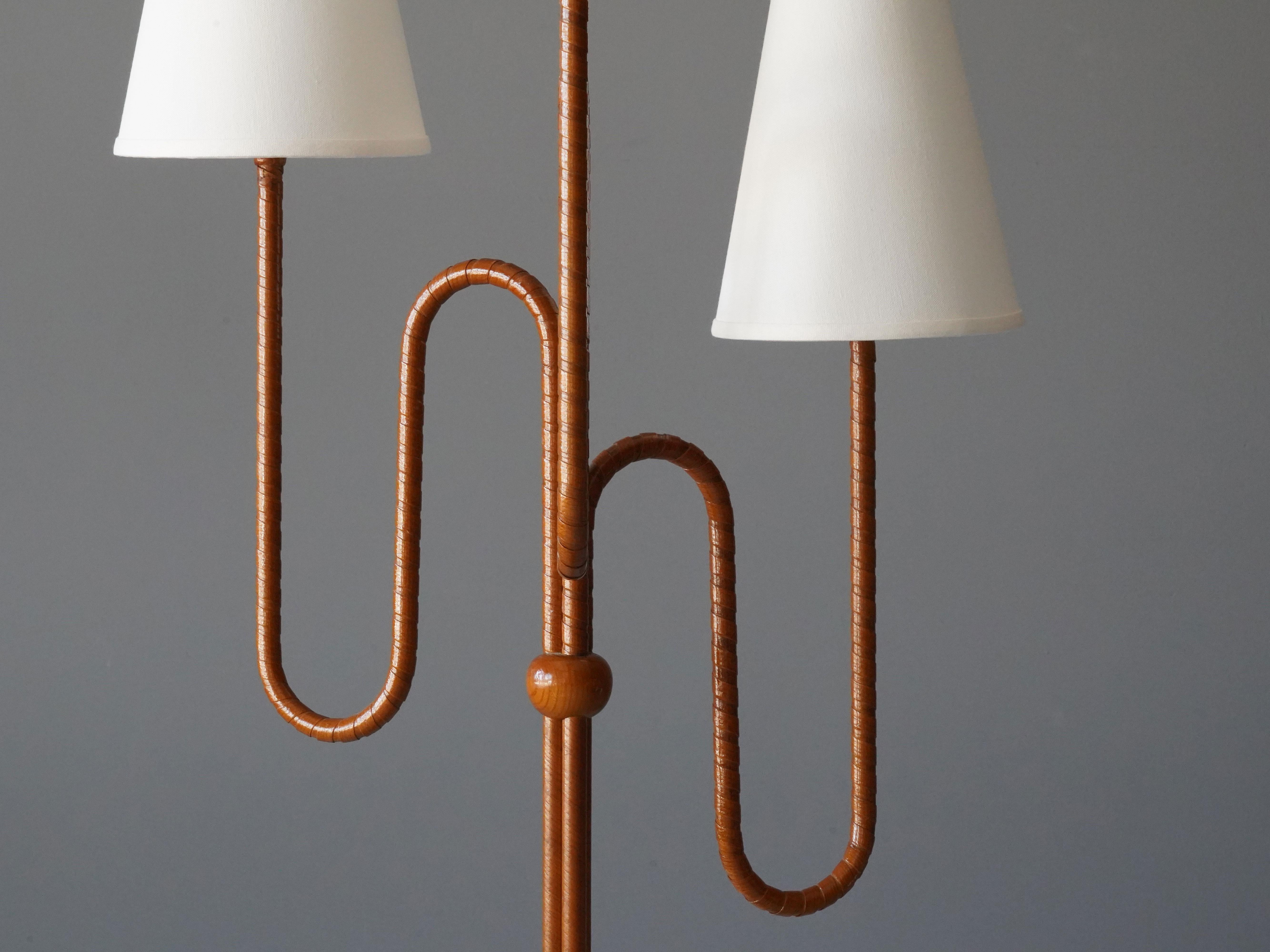 Mid-20th Century Swedish, Organic Three-Armed Floor Lamp, Brass, Wood, rattan, Linen, 1930s