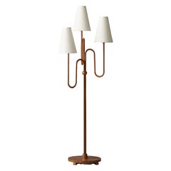 Swedish, Organic Three-Armed Floor Lamp, Brass, Wood, rattan, Linen, 1930s