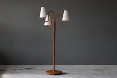 Swedish, Organic Three-Armed Floor Lamp, Rattan, Brass, Wood, Linen, 1930s