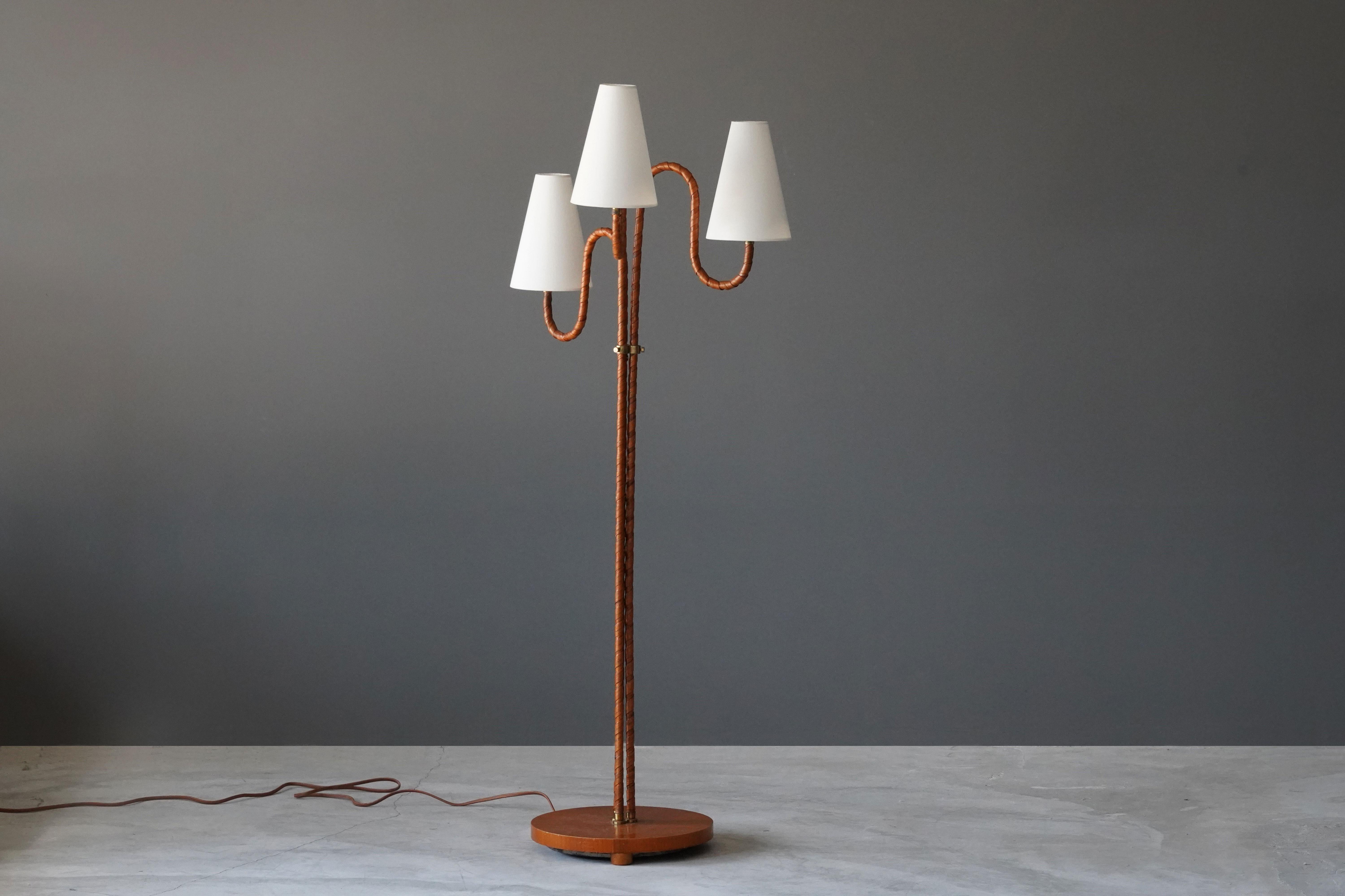 Scandinavian Modern Swedish, Organic Three-Armed Floor Lamp, Rattan, Brass, Wood, Linen, 1930s