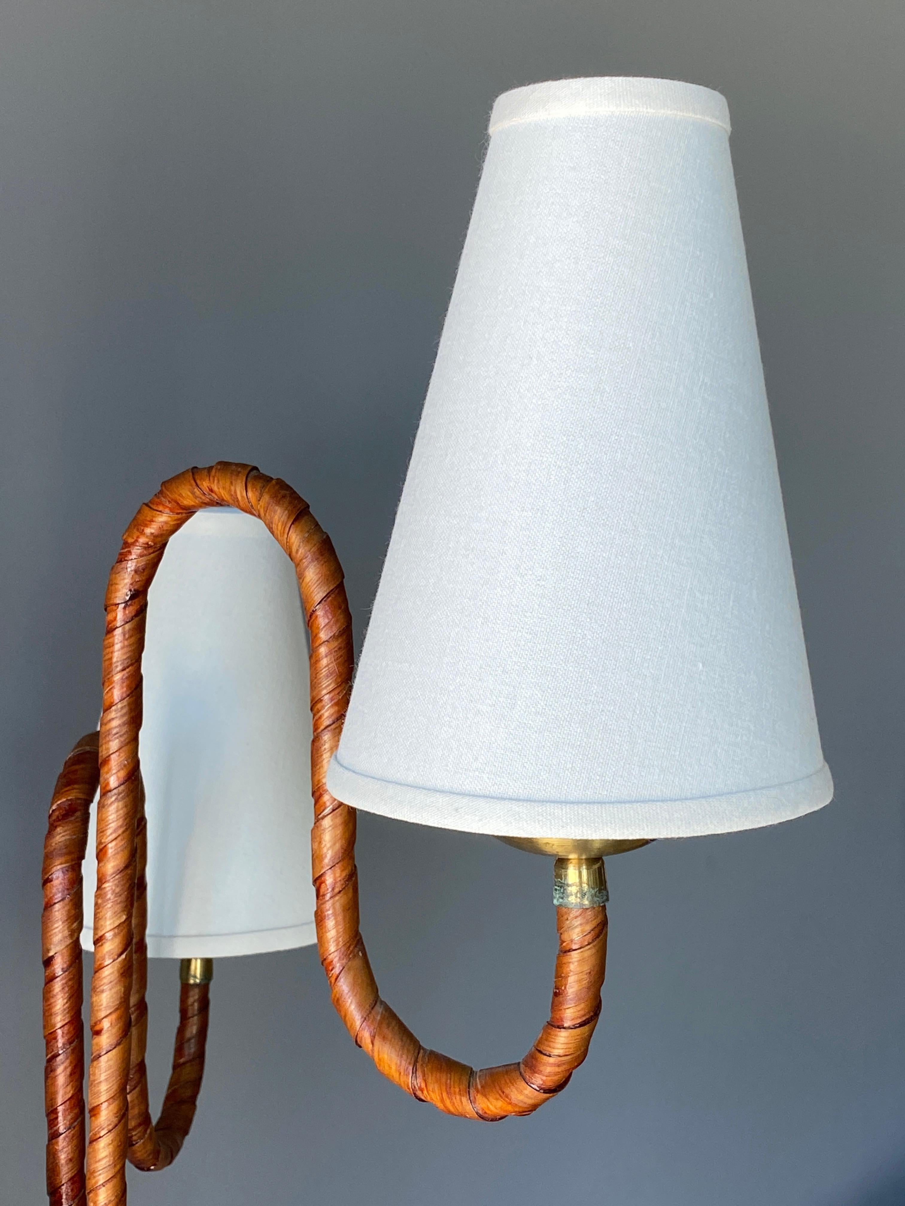 Scandinavian Modern Swedish, Organic Three-Armed Floor Lamp, Rattan, Brass, Wood, Linen, 1930s