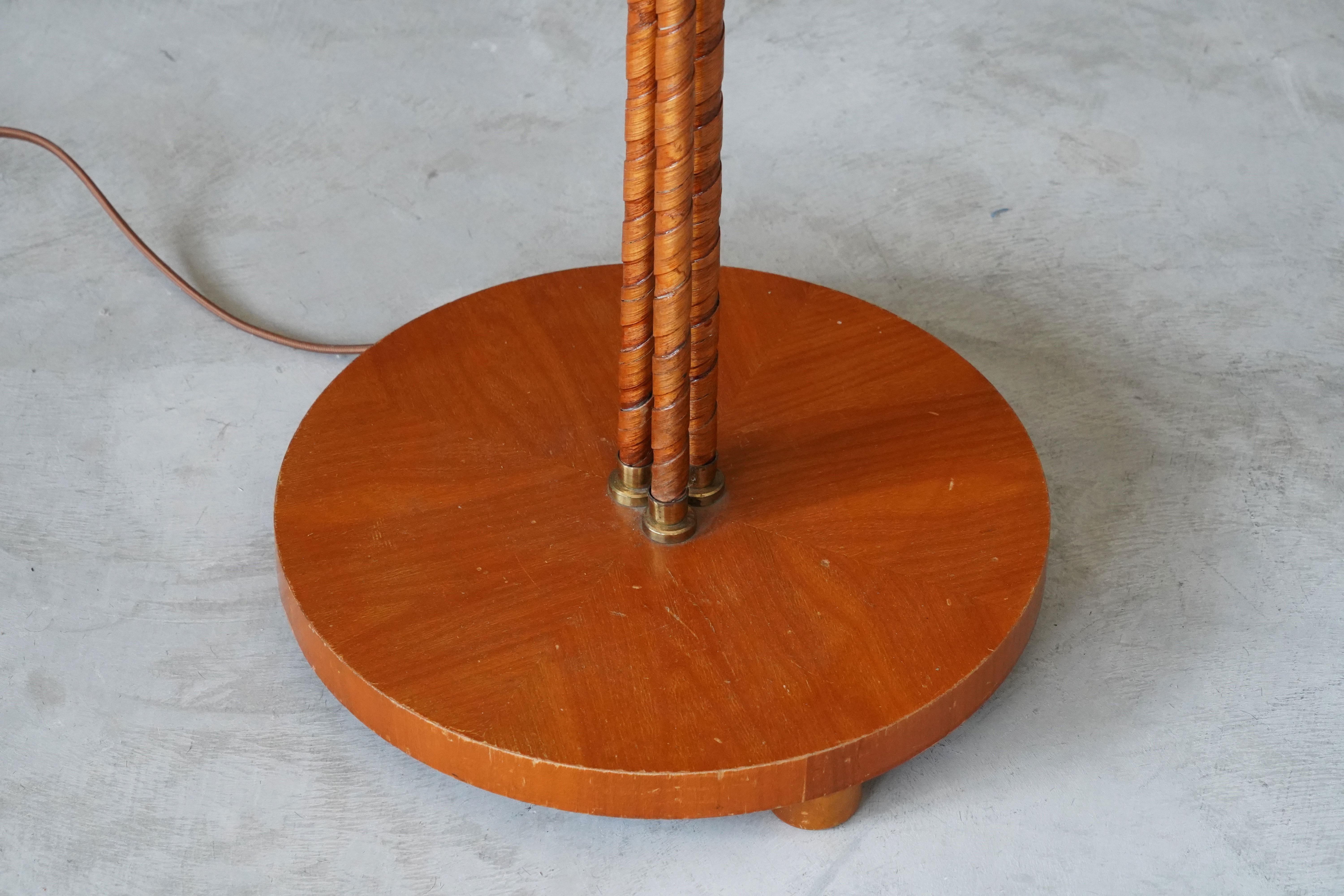 Swedish, Organic Three-Armed Floor Lamp, Rattan, Brass, Wood, Linen, 1930s 1