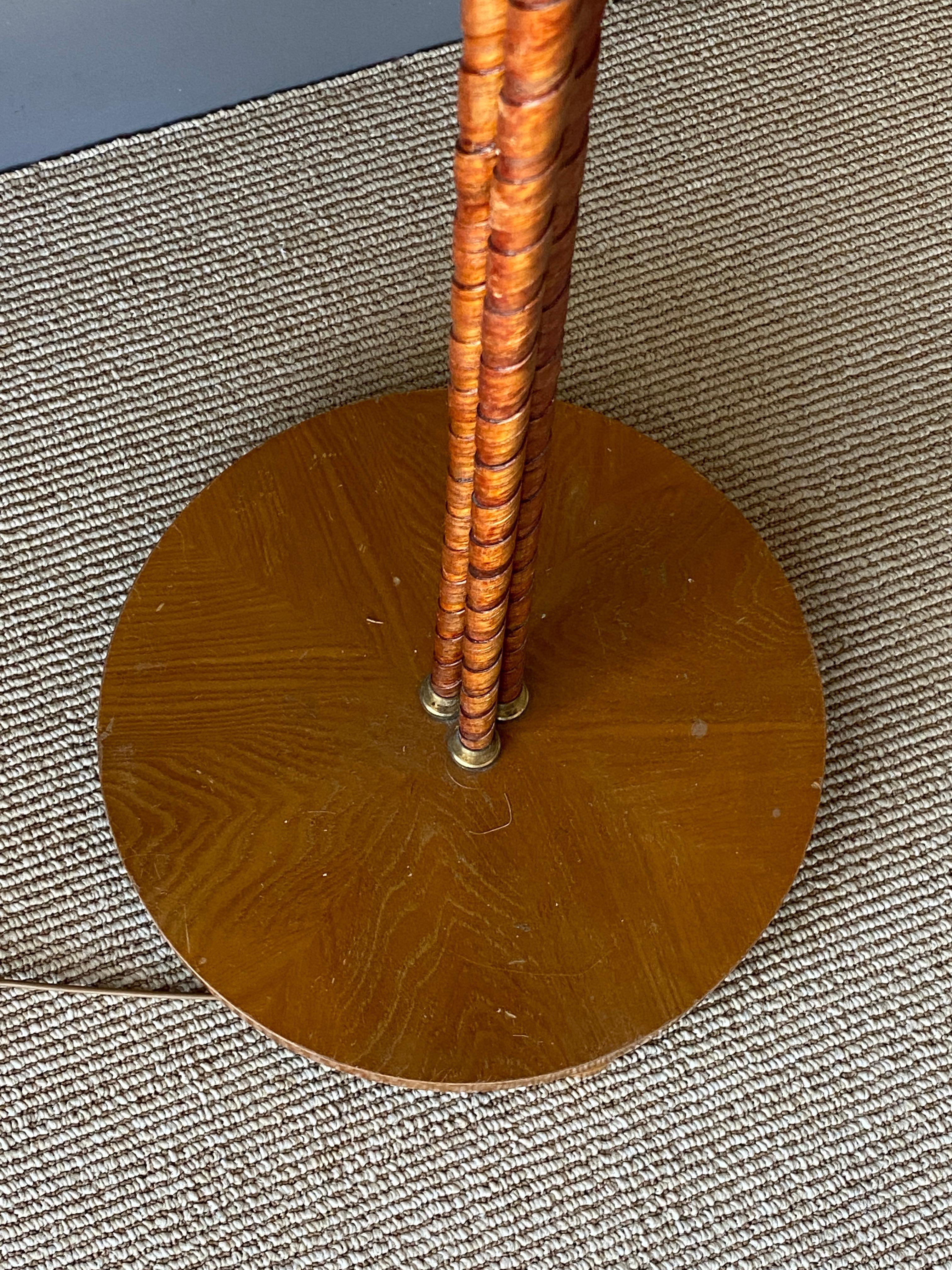 Mid-20th Century Swedish, Organic Three-Armed Floor Lamp, Rattan, Brass, Wood, Linen, 1930s