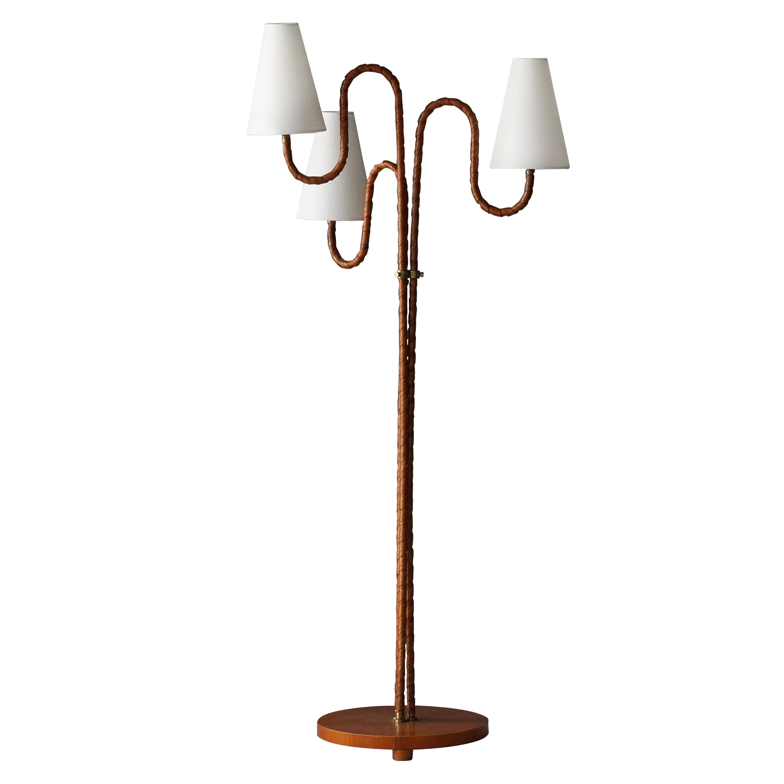 Swedish, Organic Three-Armed Floor Lamp, Rattan, Brass, Wood, Linen, 1930s