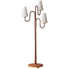 Swedish, Organic Three-Armed Floor Lamp, Rattan, Brass, Wood, Linen, 1930s