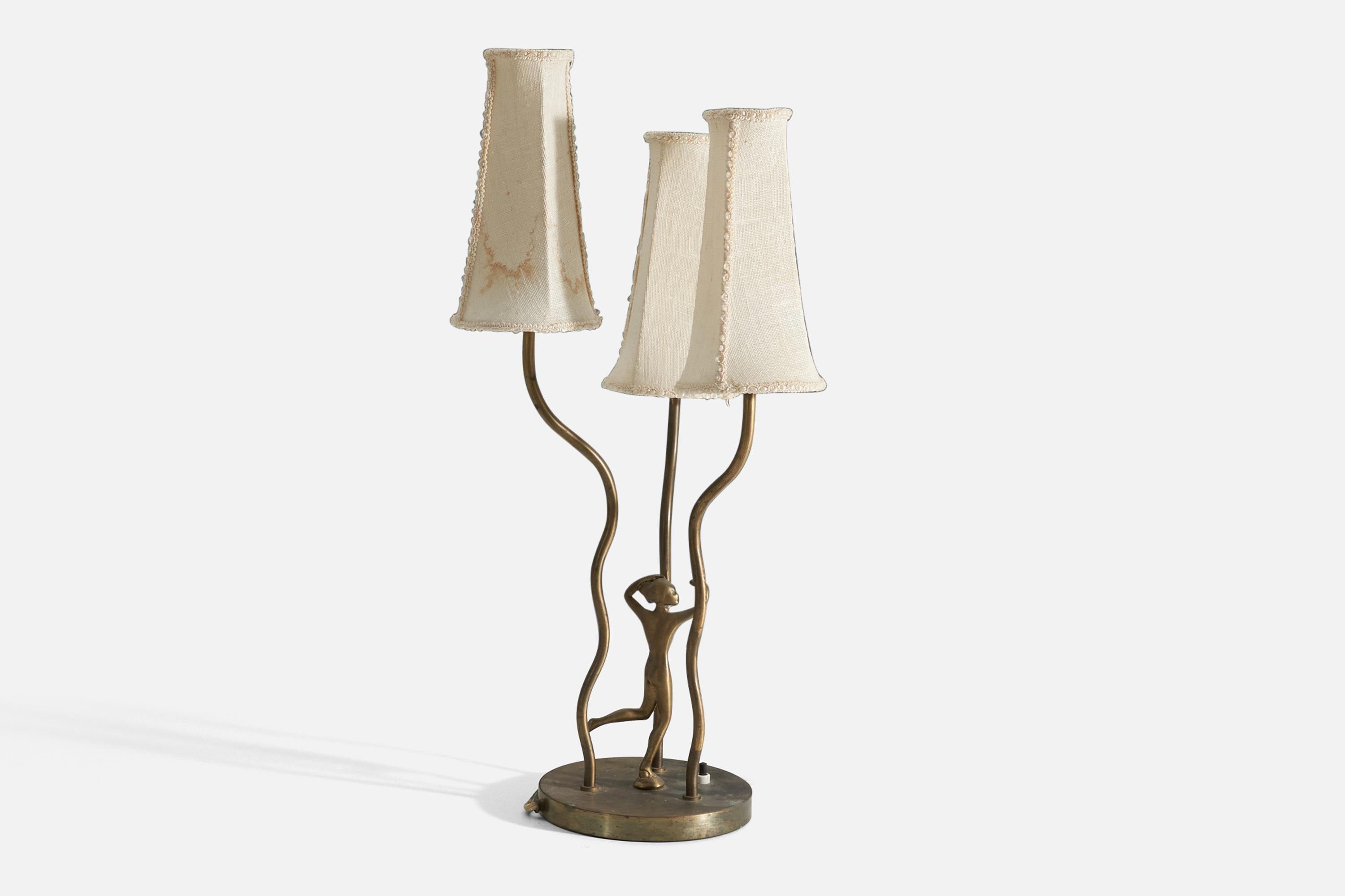 Scandinavian Modern Swedish, Organic Three-Armed Table Lamp, Brass, Fabric, Sweden, 1940s For Sale