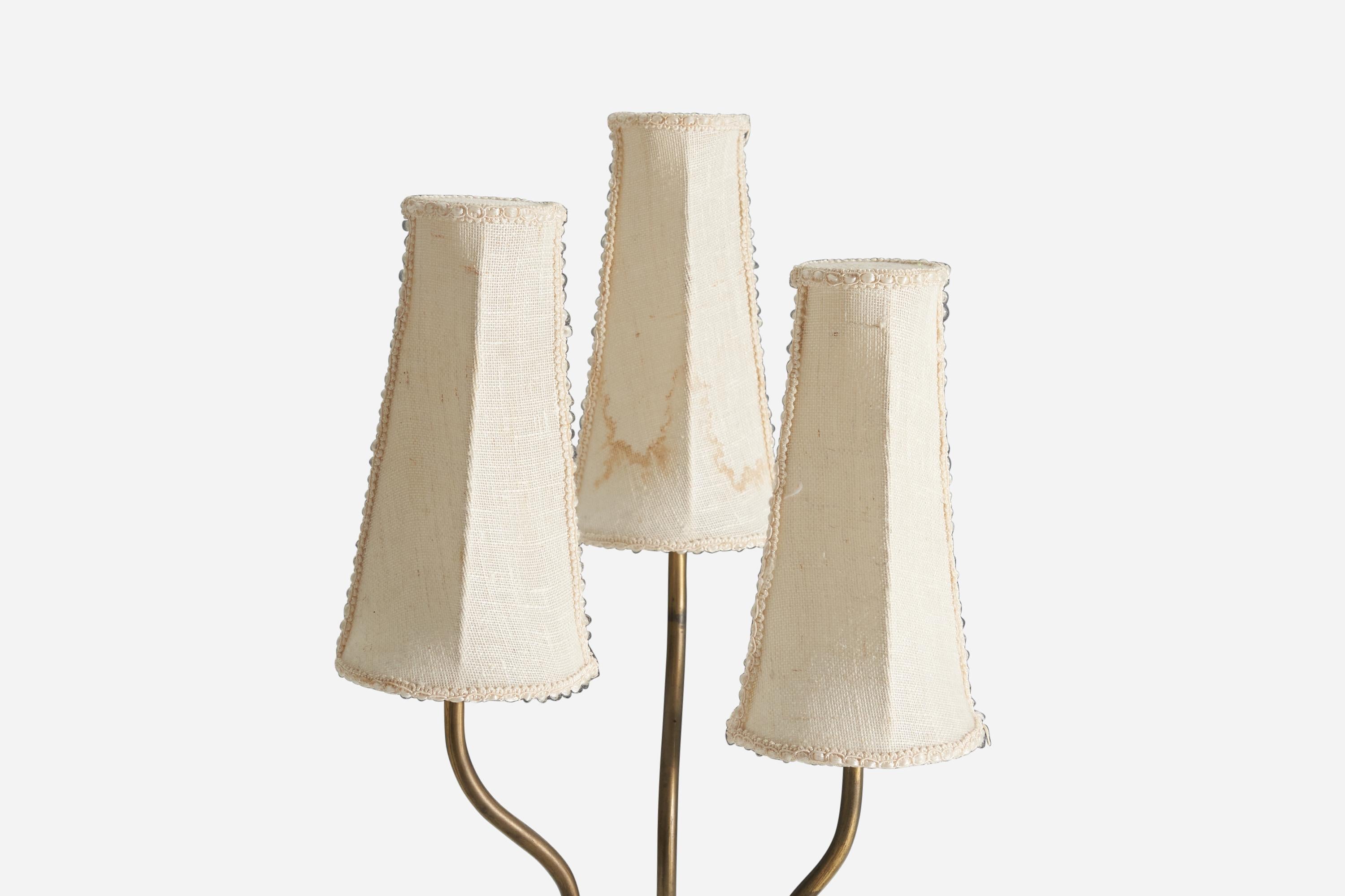 Mid-20th Century Swedish, Organic Three-Armed Table Lamp, Brass, Fabric, Sweden, 1940s For Sale