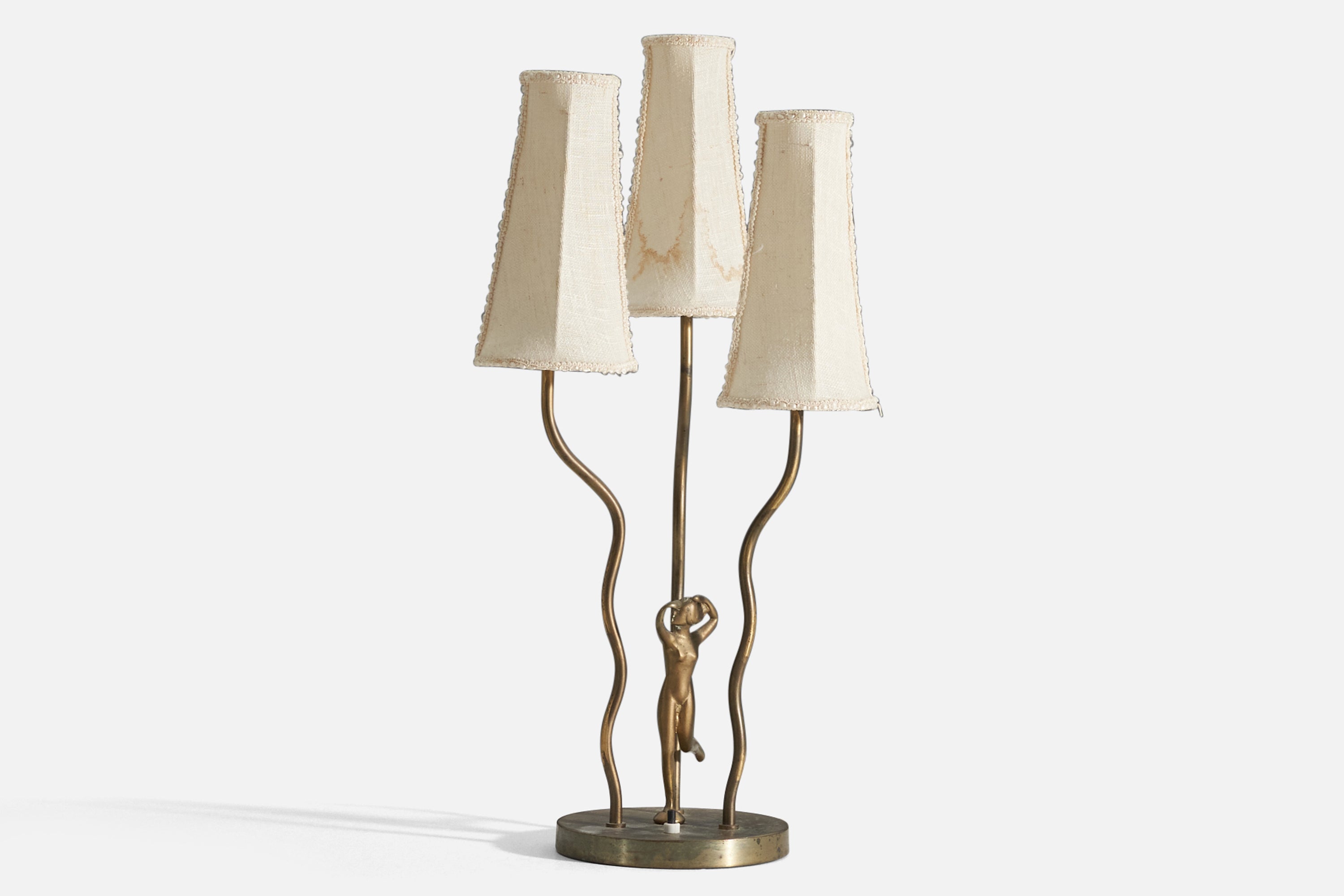 Swedish, Organic Three-Armed Table Lamp, Brass, Fabric, Sweden, 1940s