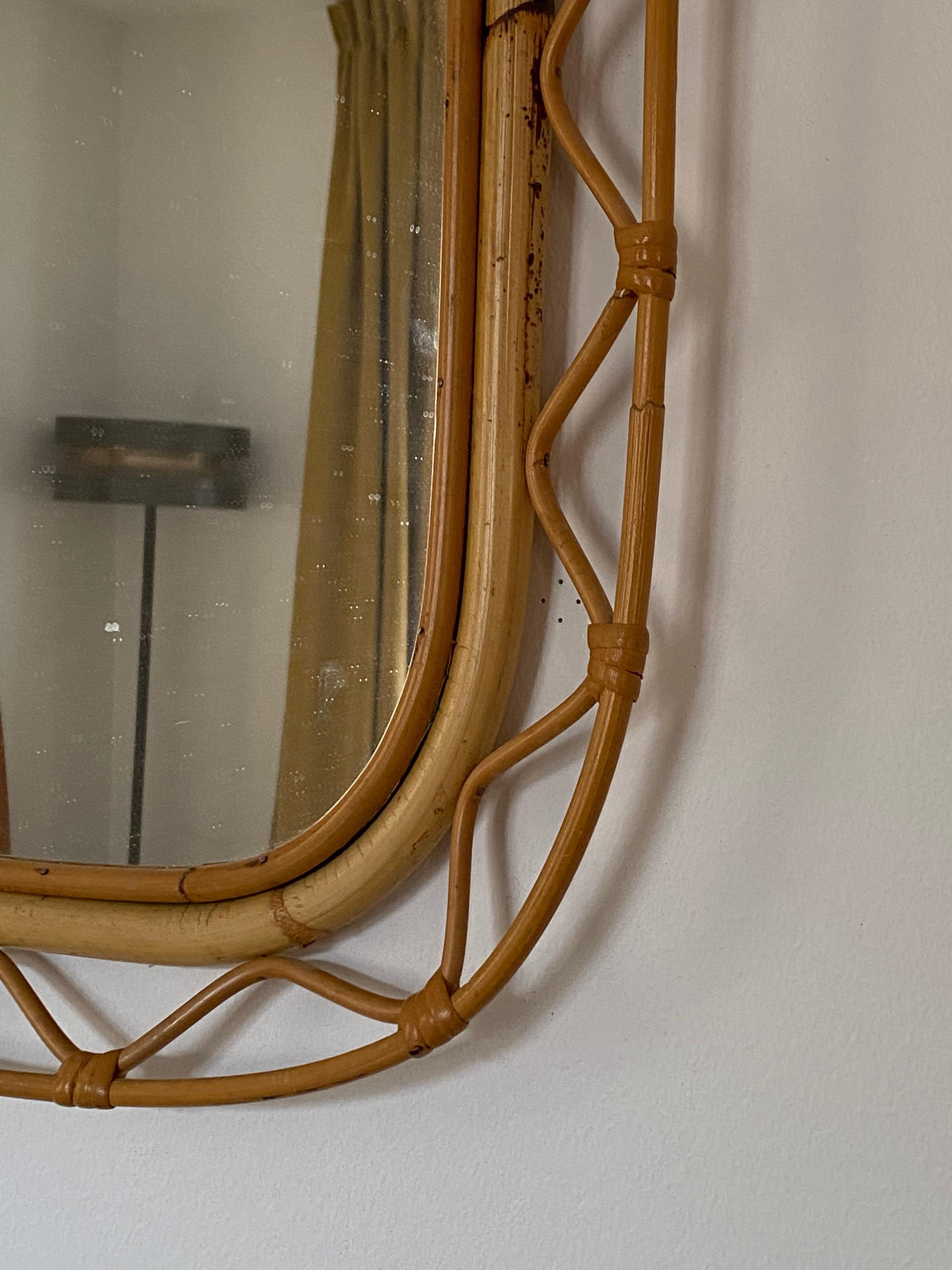 Mid-Century Modern Swedish, Organic Wall Mirror, Woven Wicker, Bambo, Glass, Sweden, 1950s