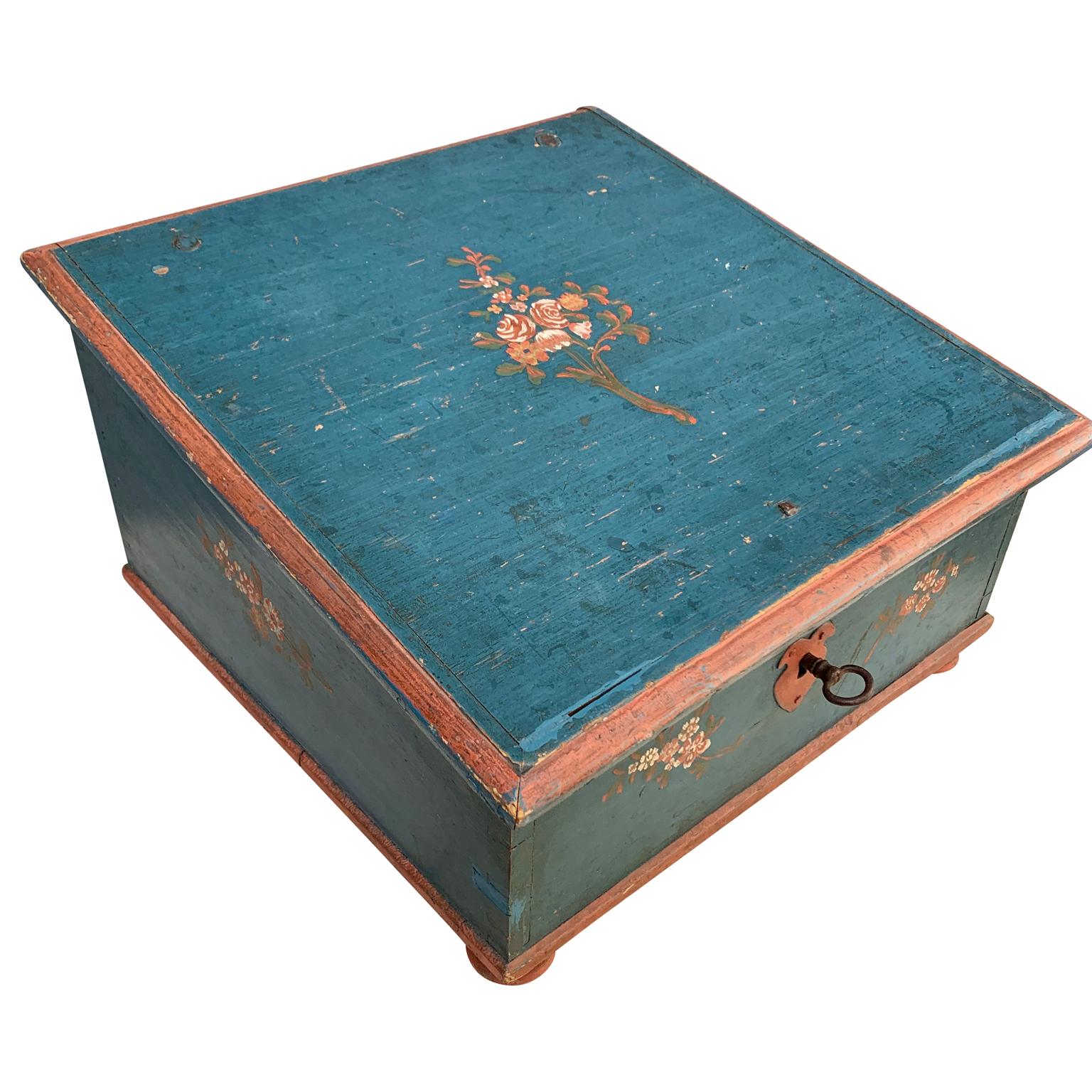 Folk Art Swedish Original Blue Painted 19th Century Box For Sale