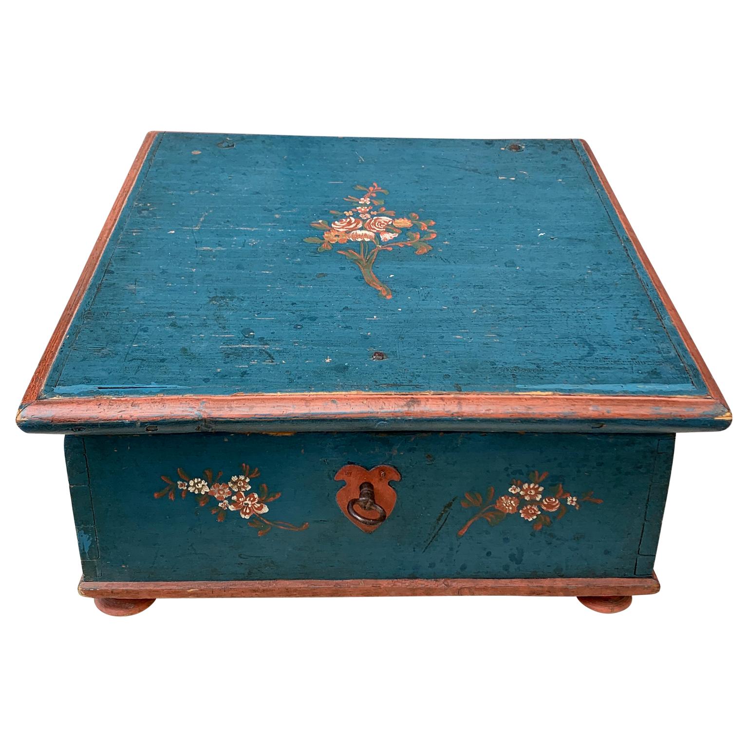 Hand-Crafted Swedish Original Blue Painted 19th Century Box For Sale