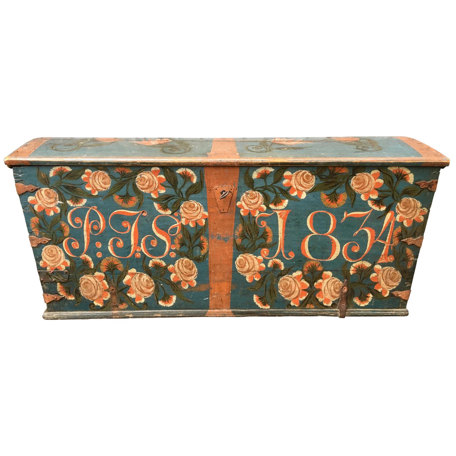 Country Swedish Original Painted Dome-Top Wedding Trunk, Dated 1834