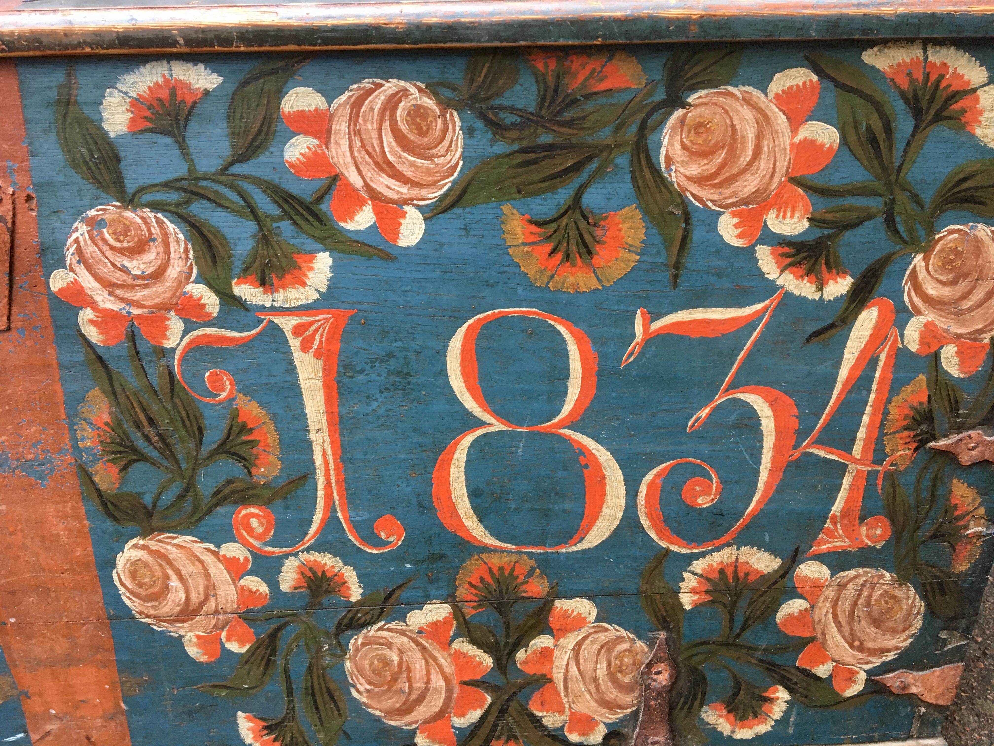 Swedish Original Painted Dome-Top Wedding Trunk, Dated 1834 1
