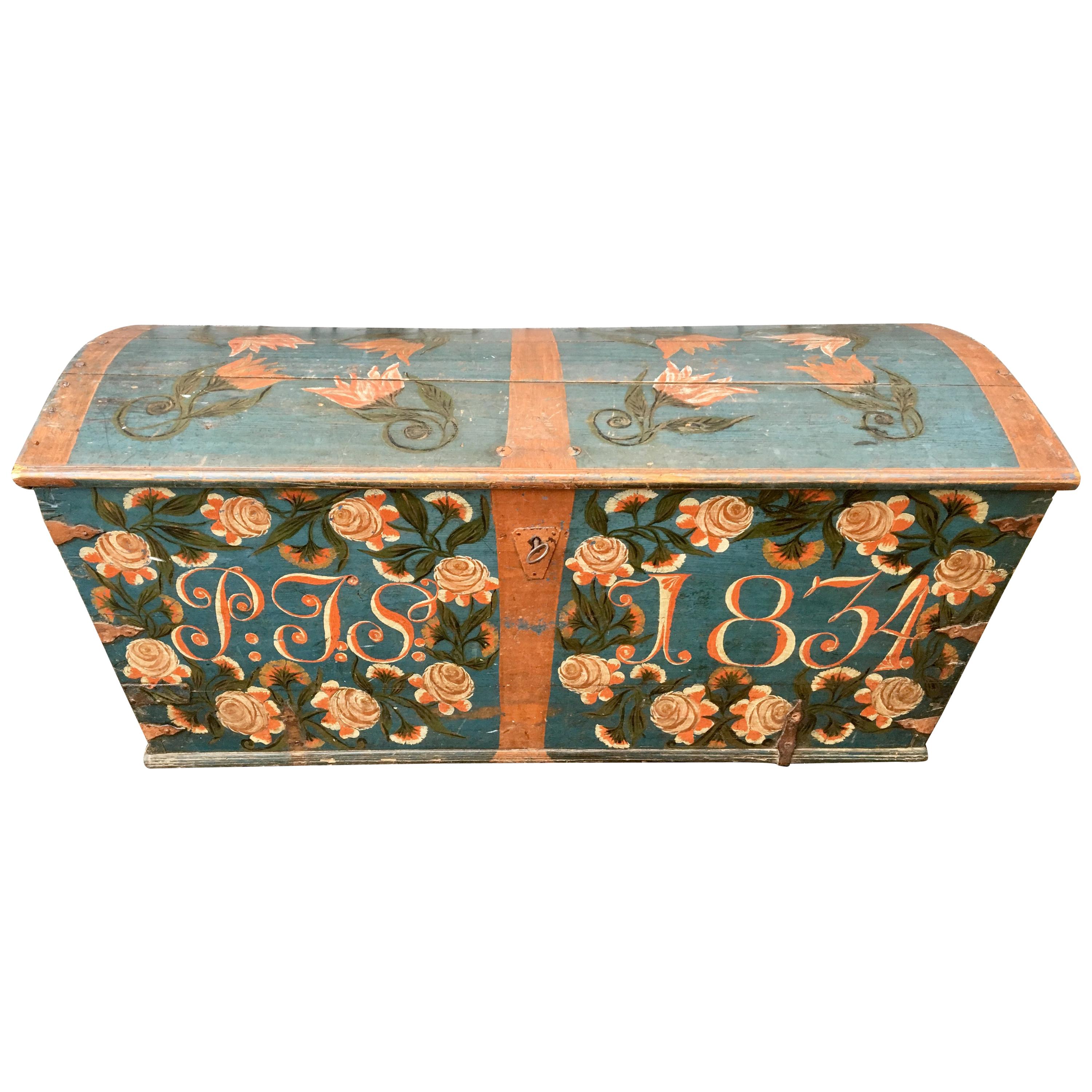 Swedish Original Painted Dome-Top Wedding Trunk, Dated 1834