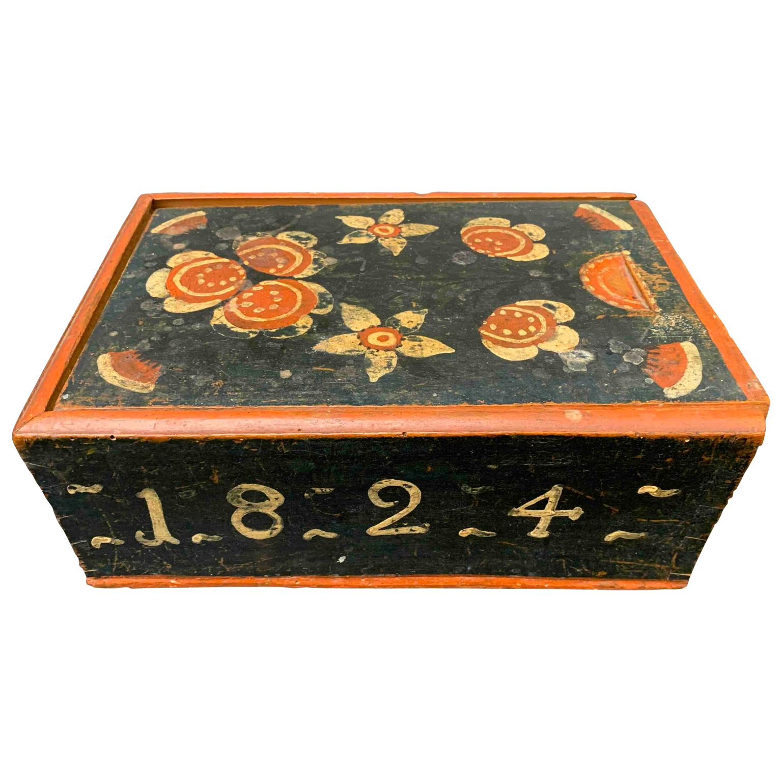 Swedish Original Painted Folk Art Wedding Box Dated 1824 In Good Condition In Haddonfield, NJ
