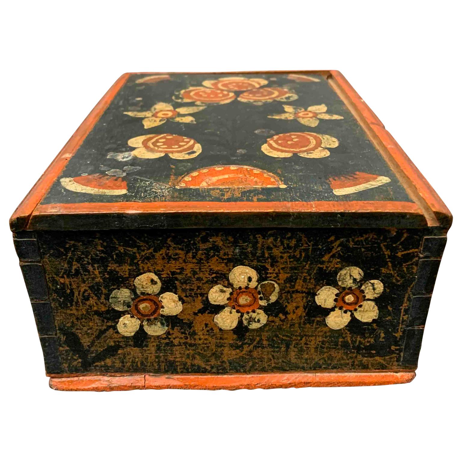 Early 19th Century Swedish Original Painted Folk Art Wedding Box Dated 1824