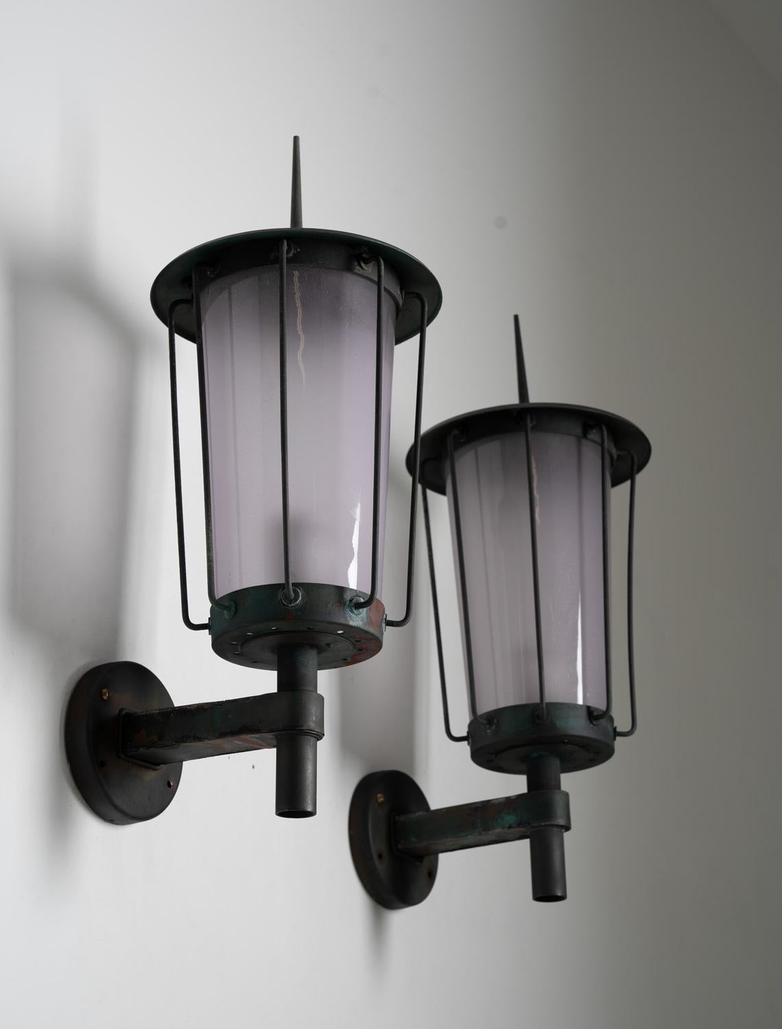 Swedish Outdoor Wall Lamps in Copper and Glass by Hans Bergström In Good Condition In Karlstad, SE