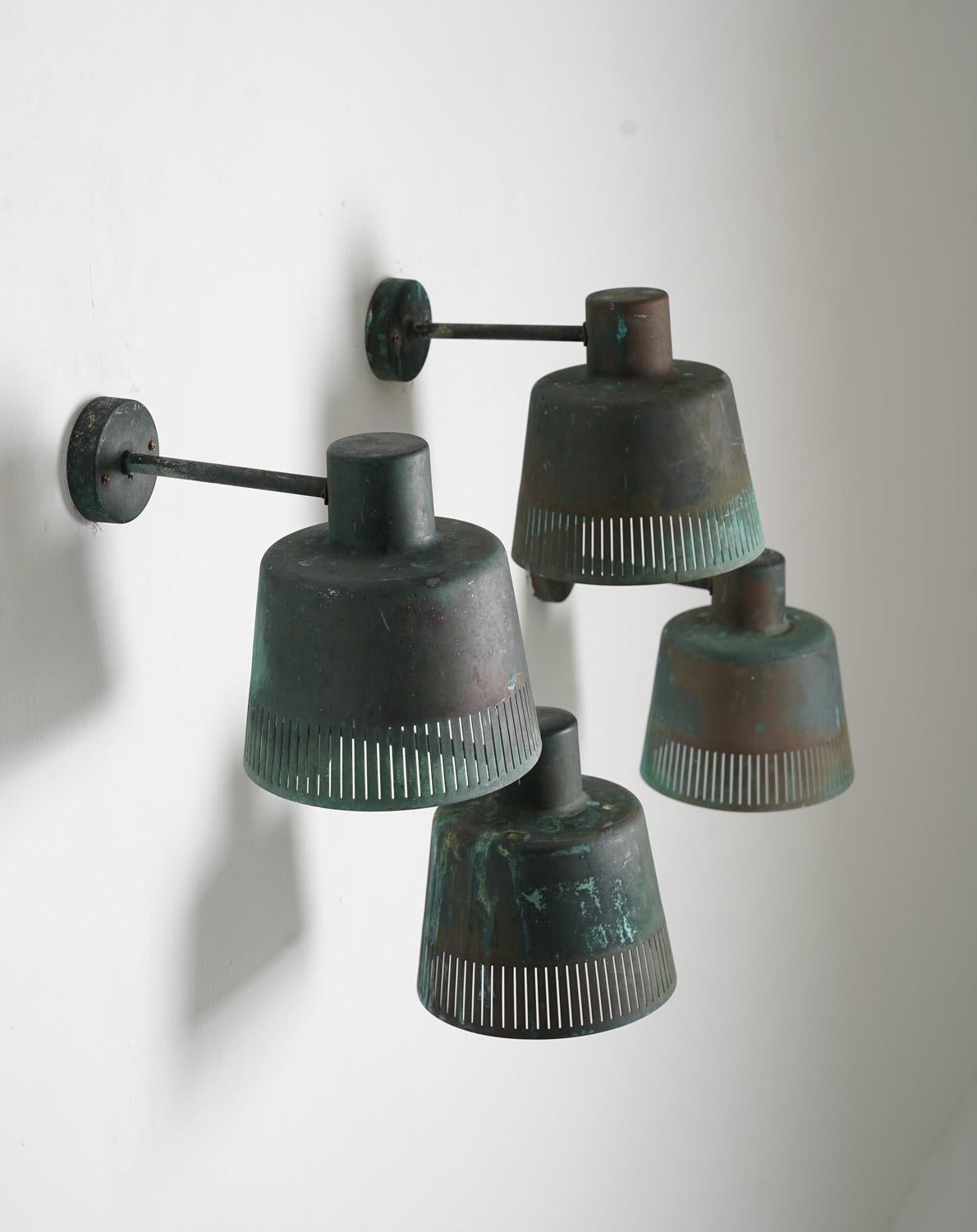 Rare outdoor wall lamps by Hans Bergström for Ateljé Lyktan, 1960s.
These high-quality lamps are made of solid, beautifully patinated copper with a perforated pattern that looks amazing when lit.
Condition: Very good original condition with great