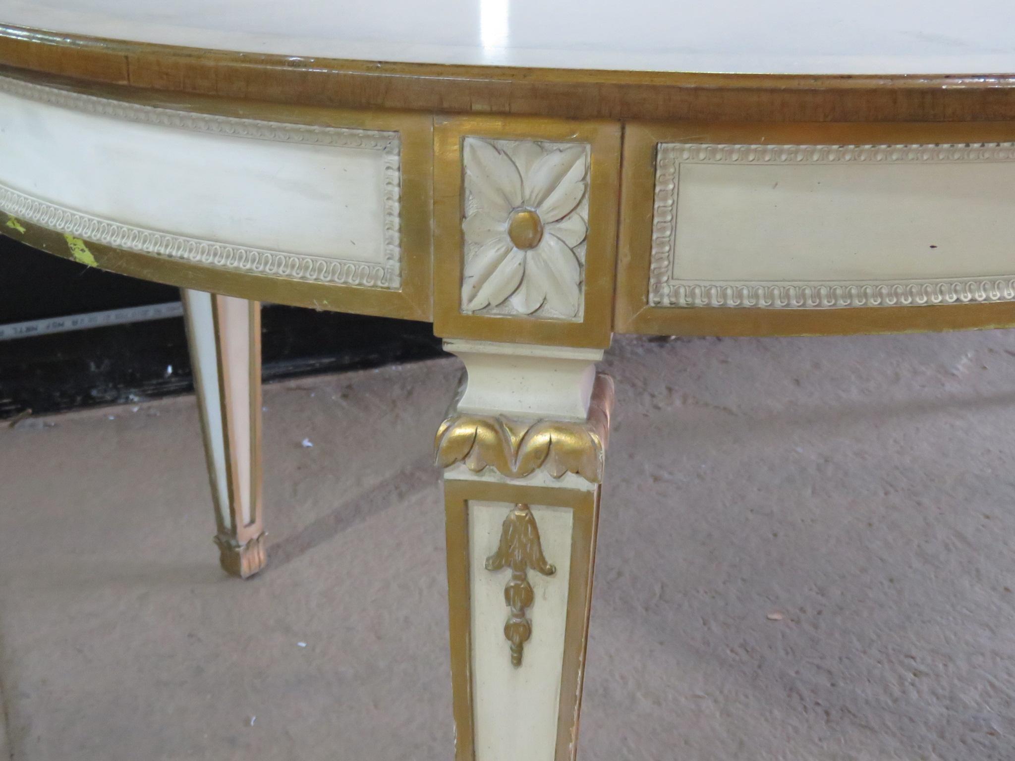 Swedish banded distressed paint decorated dining table with gilt accents and 3 18