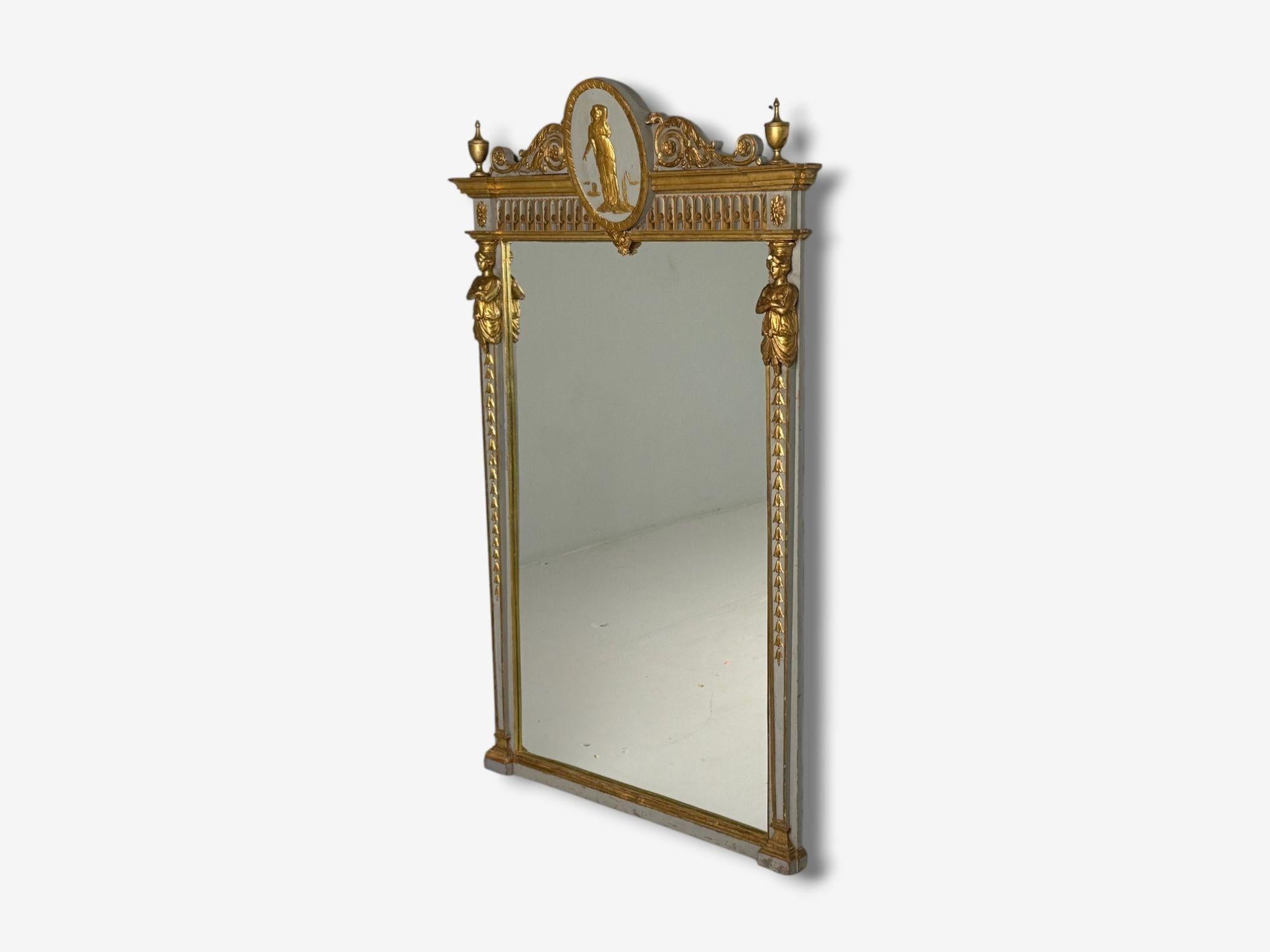 Swedish Grey Paint Decorated, Parcel-Gilt, Large Wall, Console, Pier Mirror, France, 19th c.

French parcel-gilt painted Swedish mirror with carved figures. This is a truly magnificent console or over the mantel mirror. The early 19th century