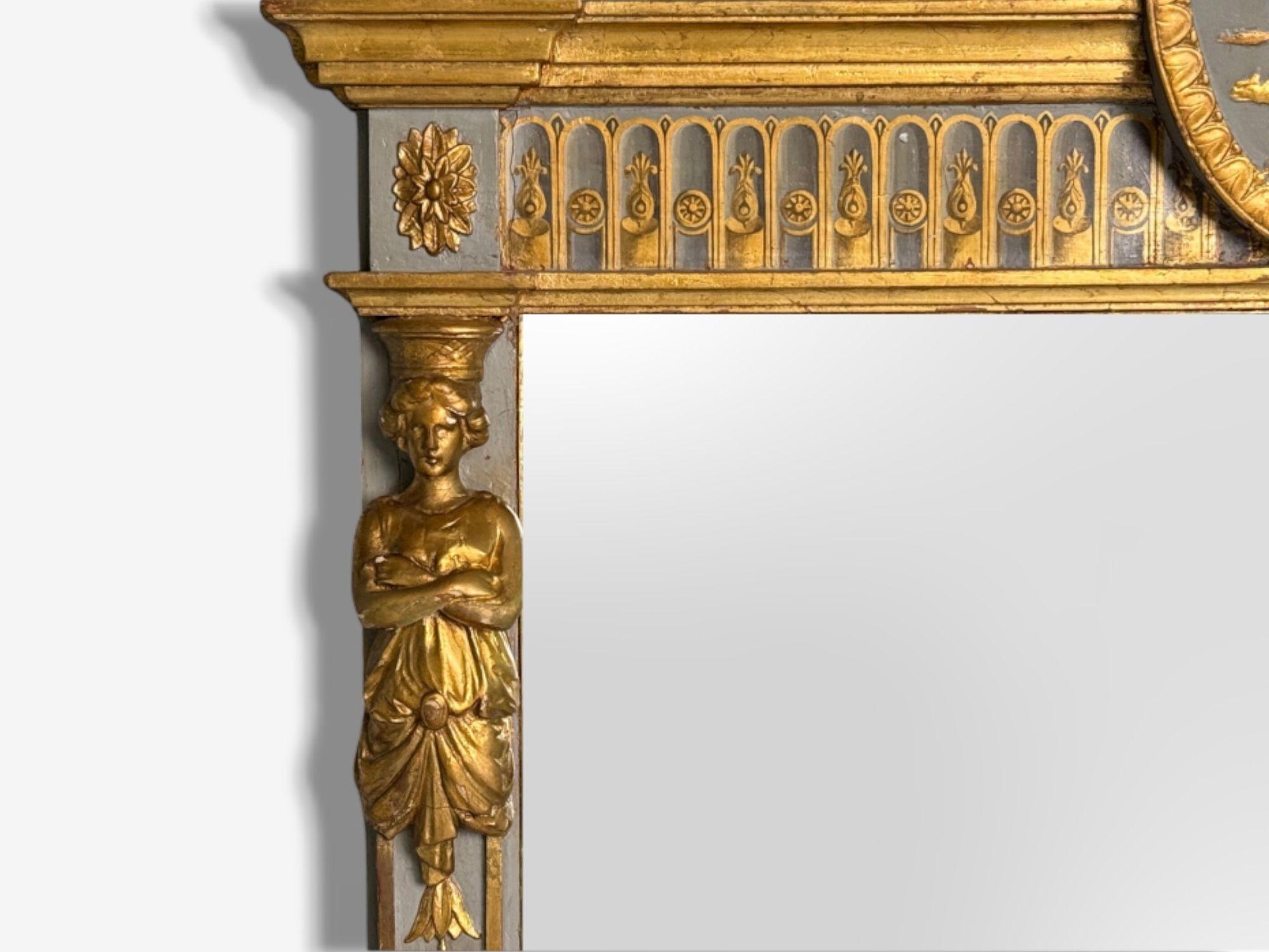 French Swedish Paint Decorated, Parcel-Gilt, Large Wall Mirror, France, 19th c. For Sale