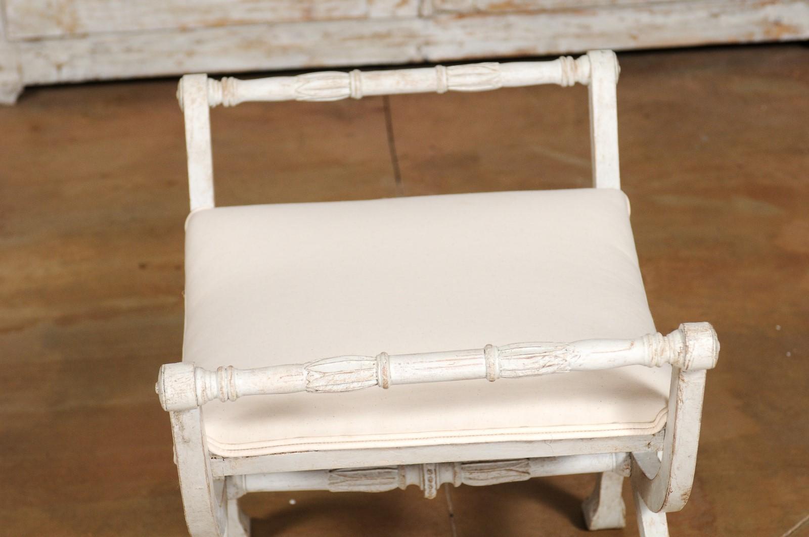 Swedish Painted 1840s Karl Johan Curule Stool with X-Form Base and Upholstery 2