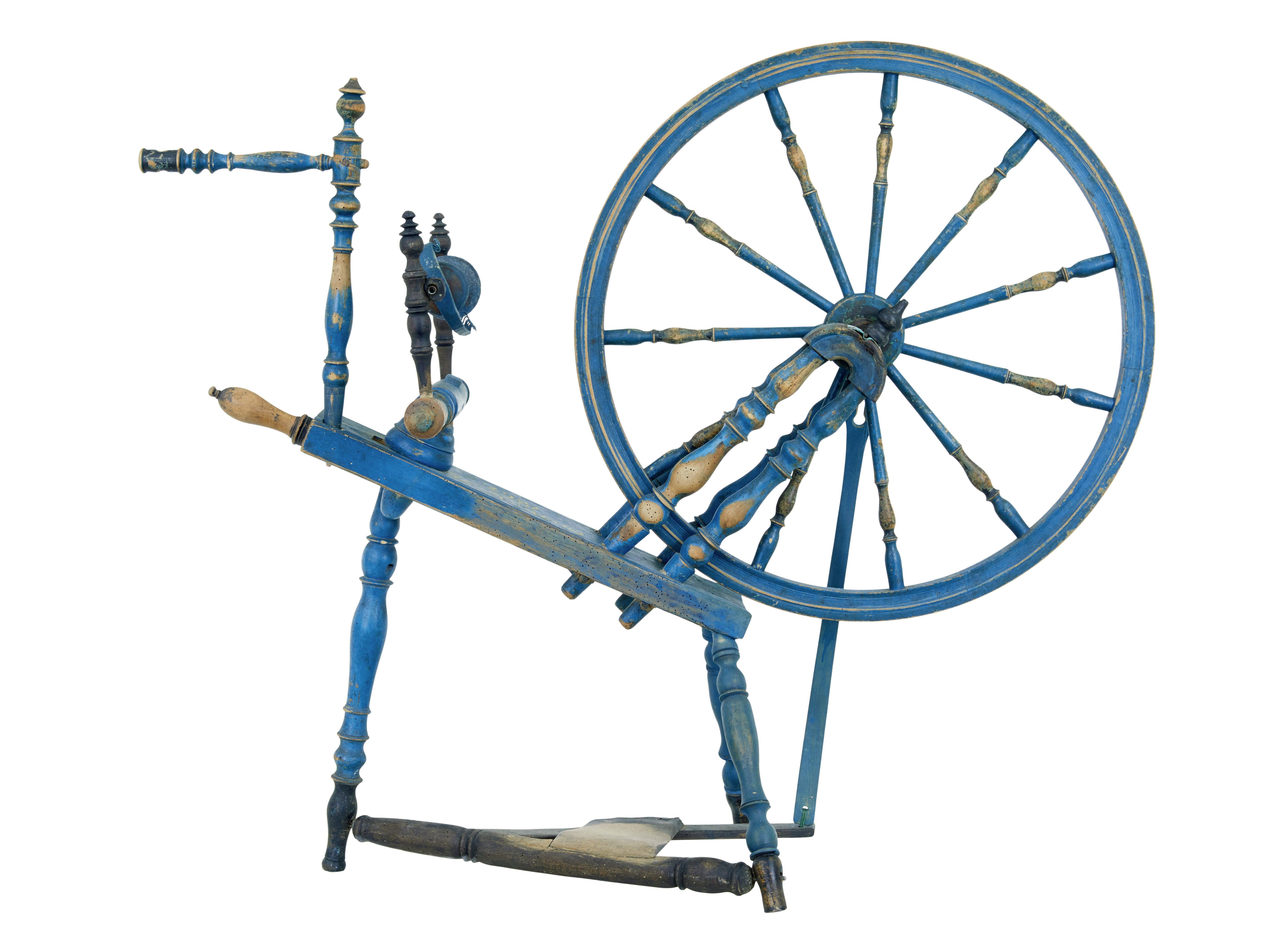 Swedish painted 19th century spinning wheel circa 1864.

Beautiful piece of traditional swedish history.  Being a small model with a foot peddle this machine was likely to used to spin flax to make linen.

Hand painted in a blue colour scheme,