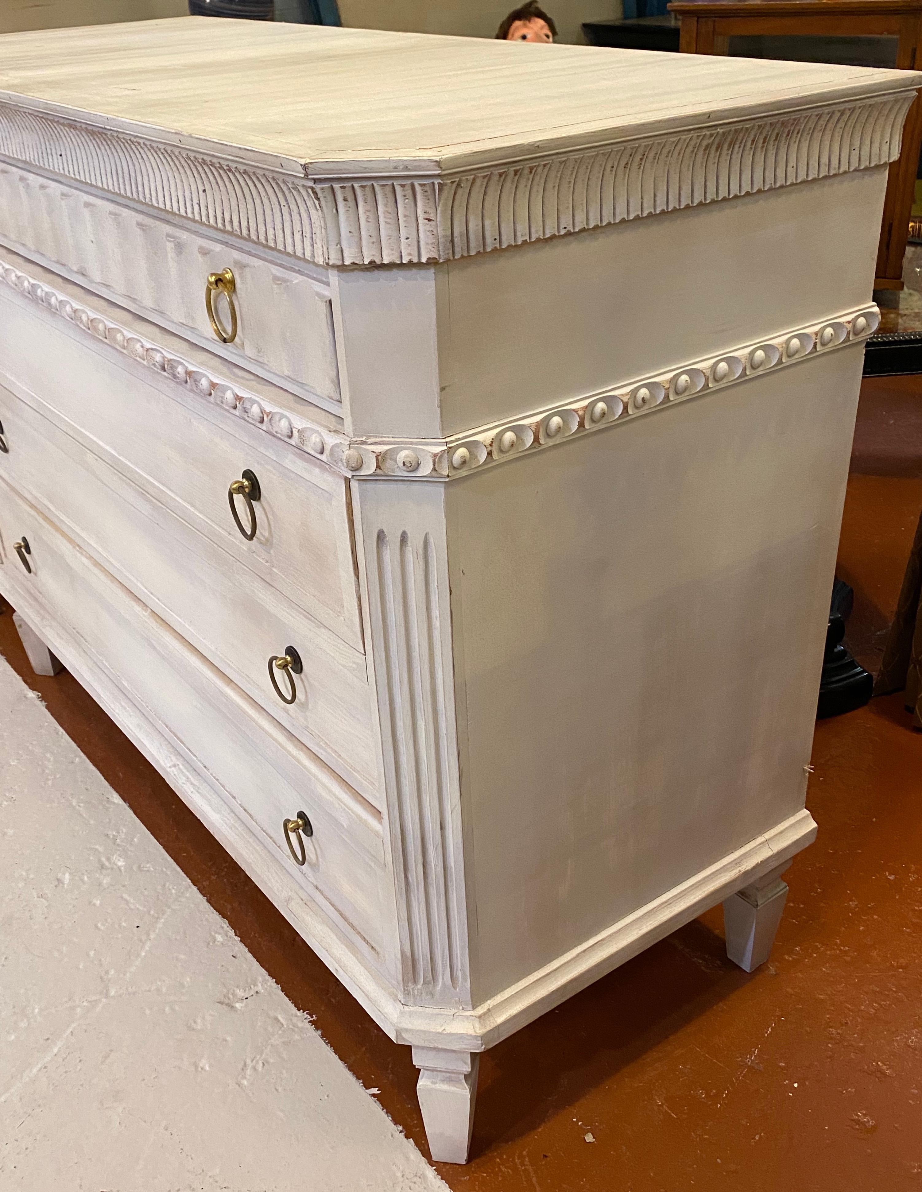 Swedish Painted Commodes Nightstands Four Drawers Distressed White Finish a Pair 3
