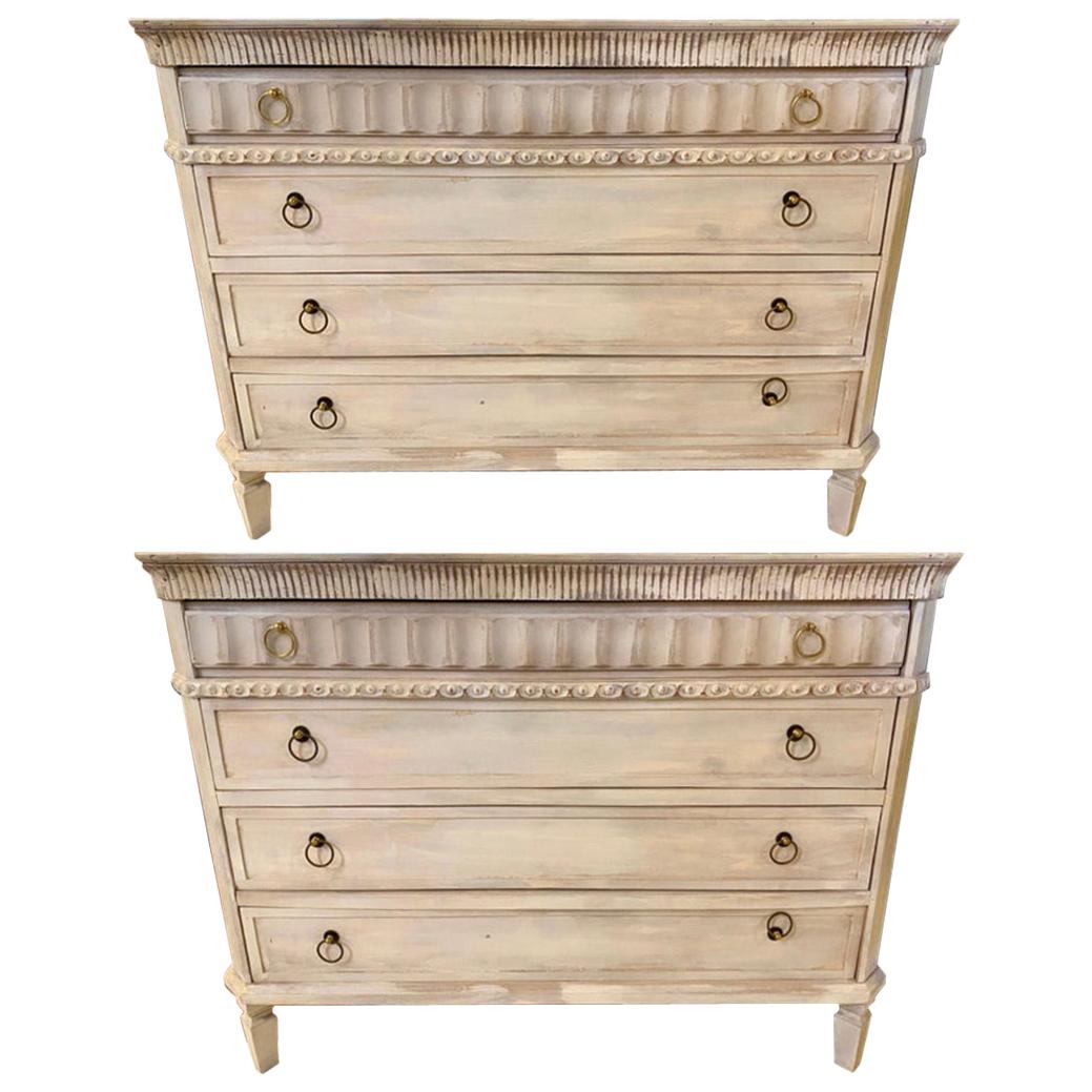 Swedish Painted Commodes Nightstands Four Drawers Distressed White Finish a Pair