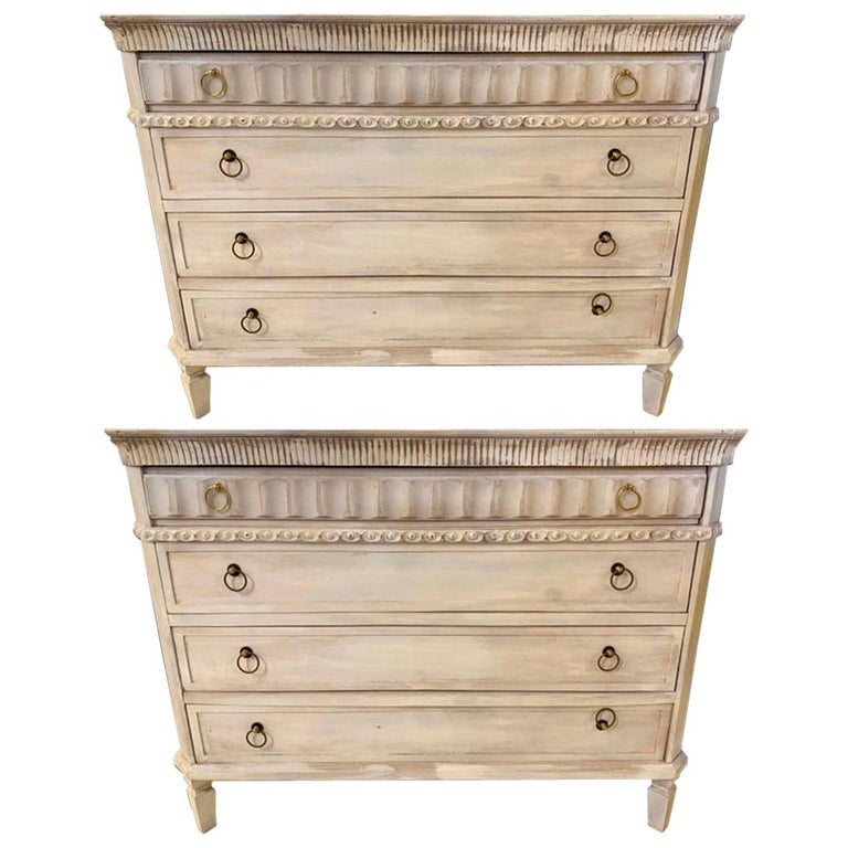 Swedish Painted Commodes Nightstands Four Drawers Distressed White Finish A Pair At 1stdibs