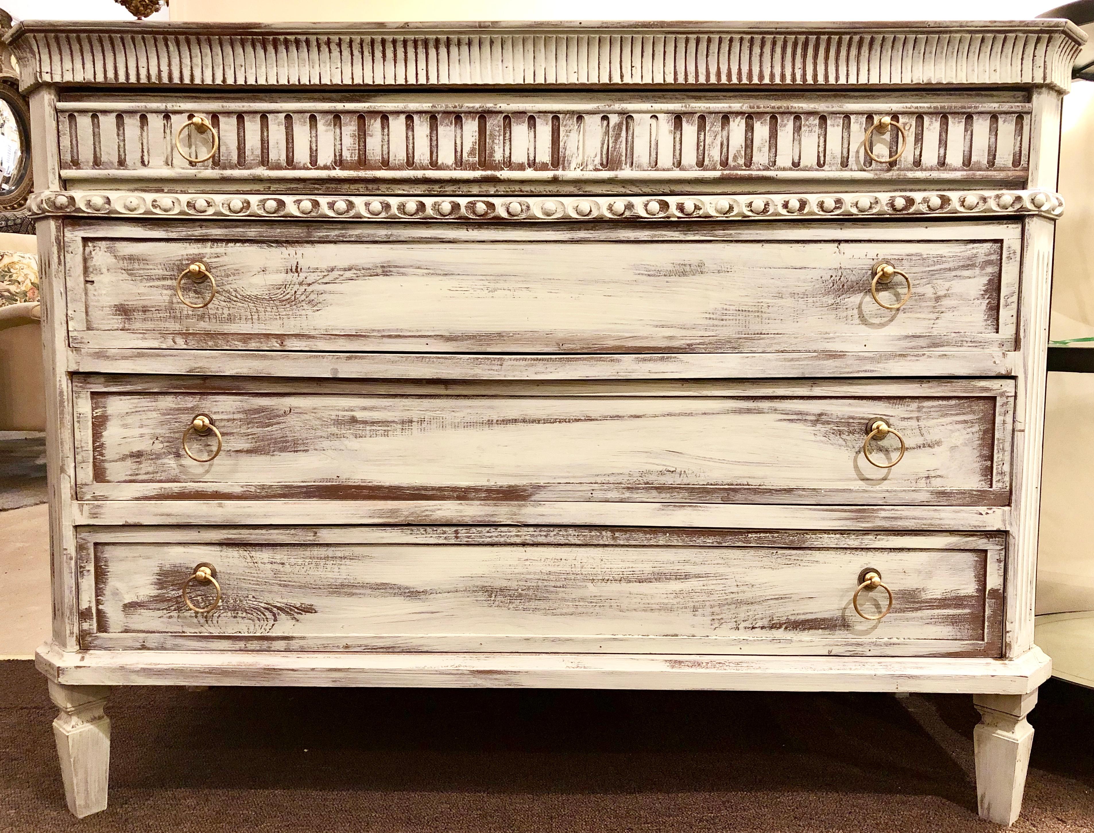 Adirondack Swedish Painted Commodes Nightstands Four Drawers Distressed White Finish