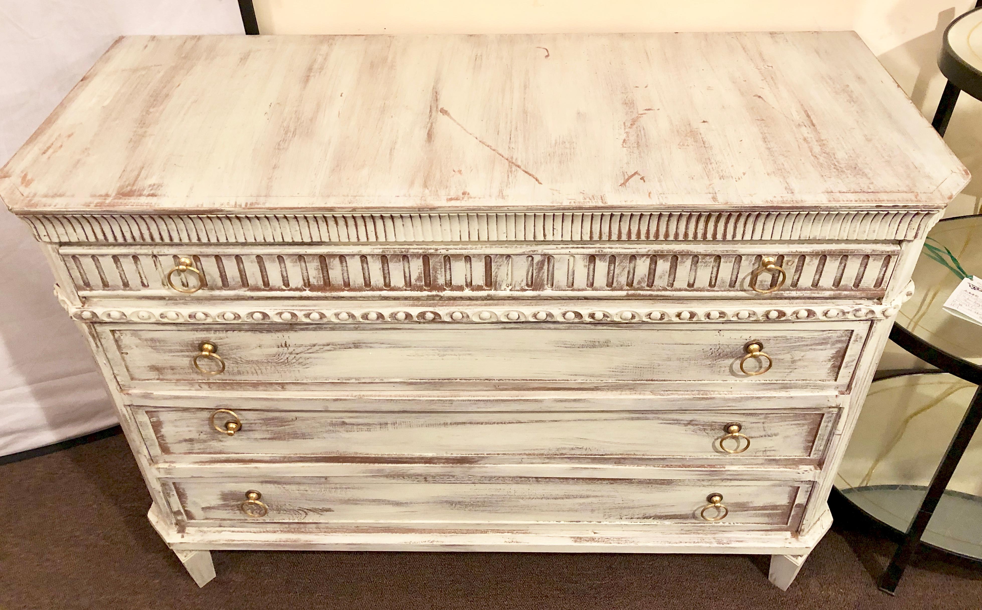 20th Century Swedish Painted Commodes Nightstands Four Drawers Distressed White Finish