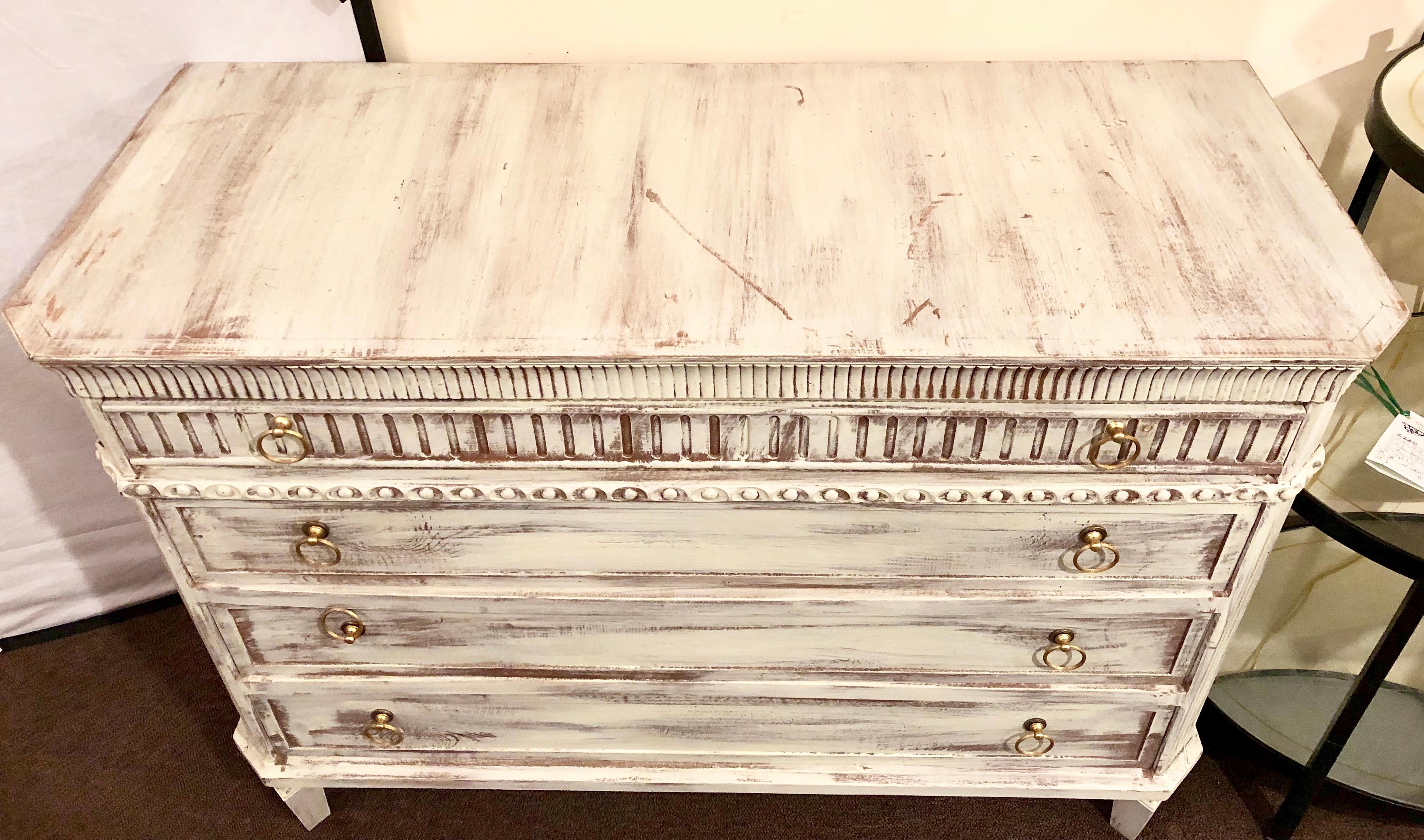 Wood Swedish Painted Commodes Nightstands Four Drawers Distressed White Finish
