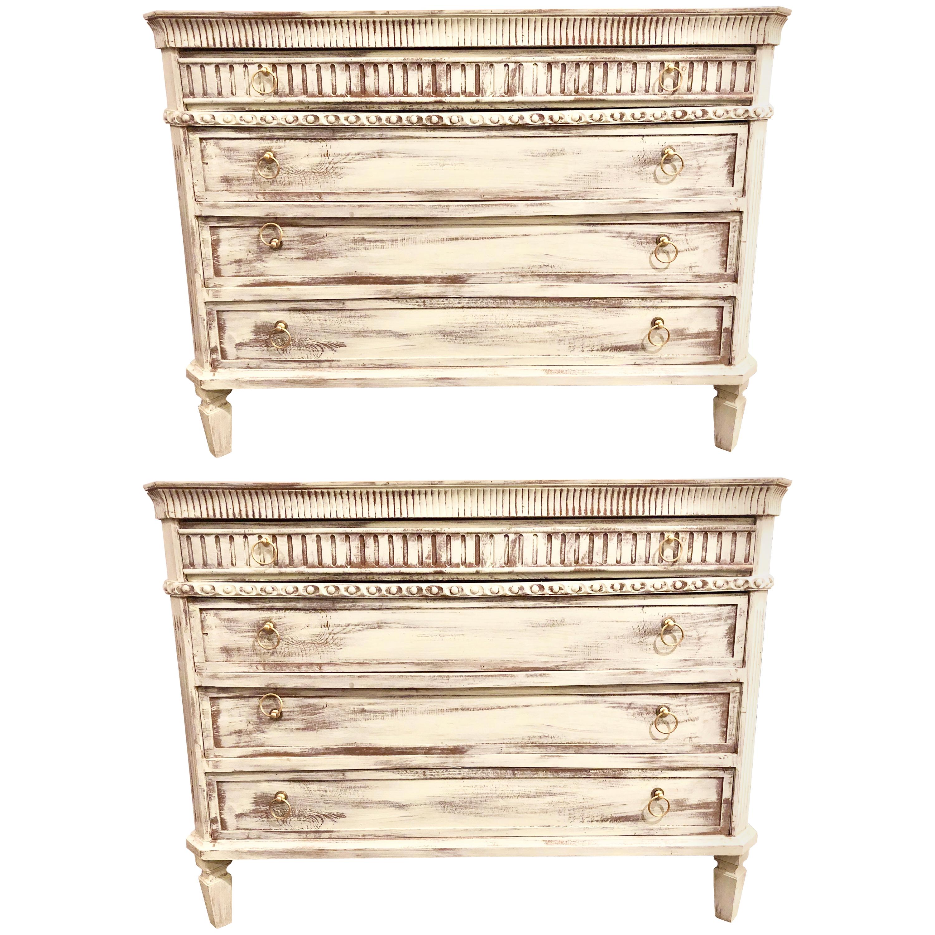 Swedish Painted Commodes Nightstands Four Drawers Distressed White Finish