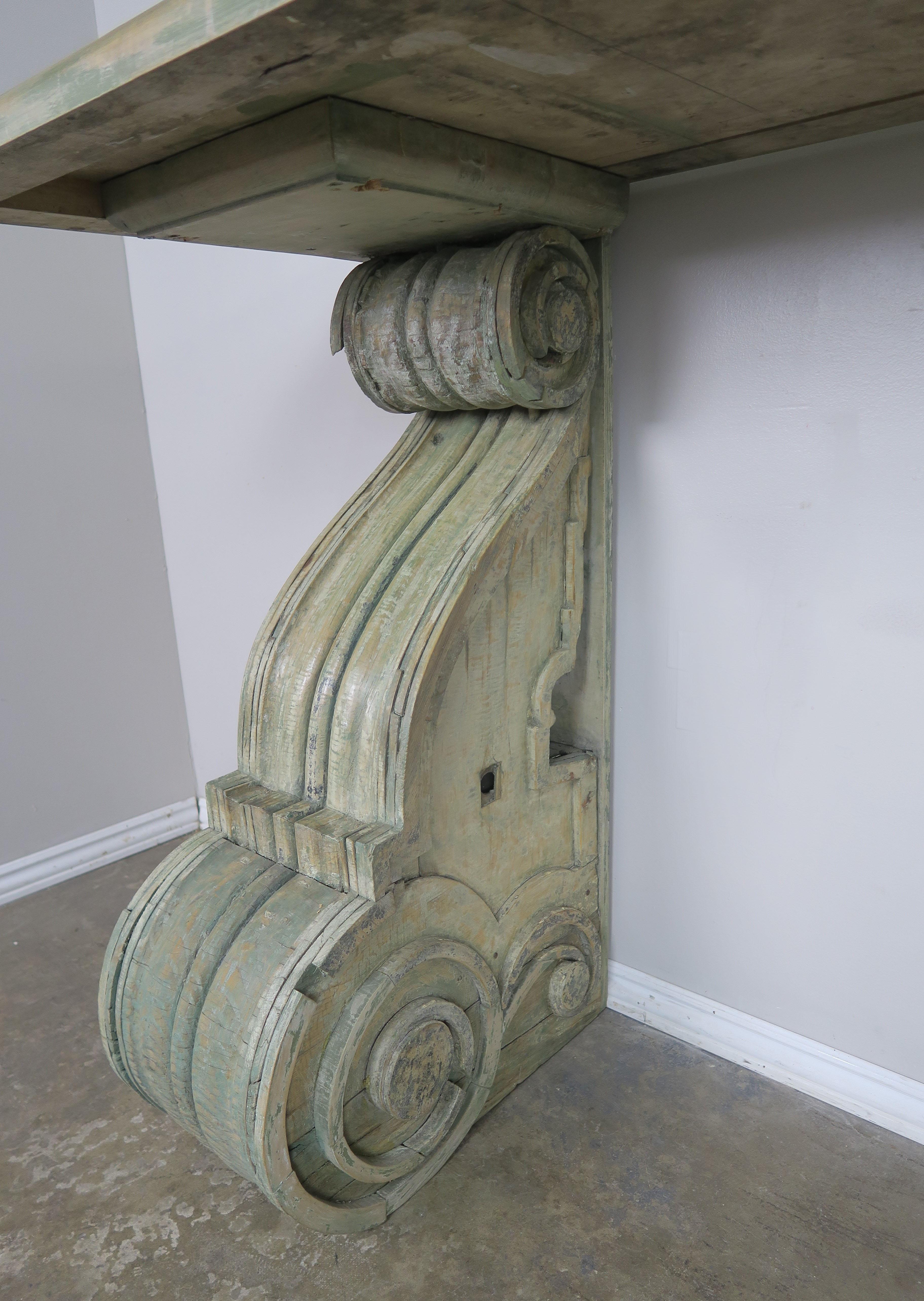 Swedish Painted Console Table with Antique Corbel Bases In Distressed Condition In Los Angeles, CA