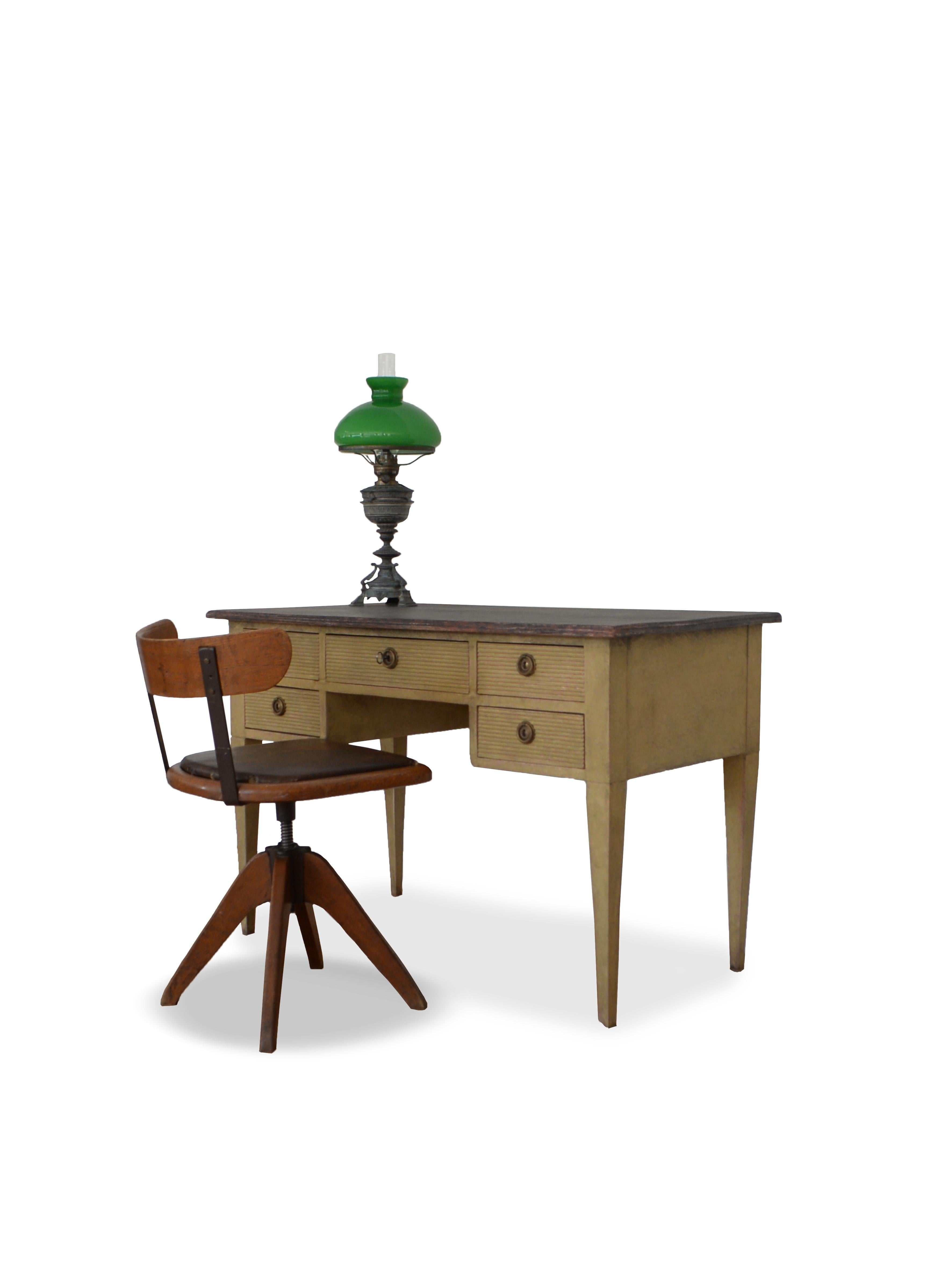 Early 20th Century Swedish Painted Desk with Five Carved Reeded Drawers, Gustavian Style For Sale