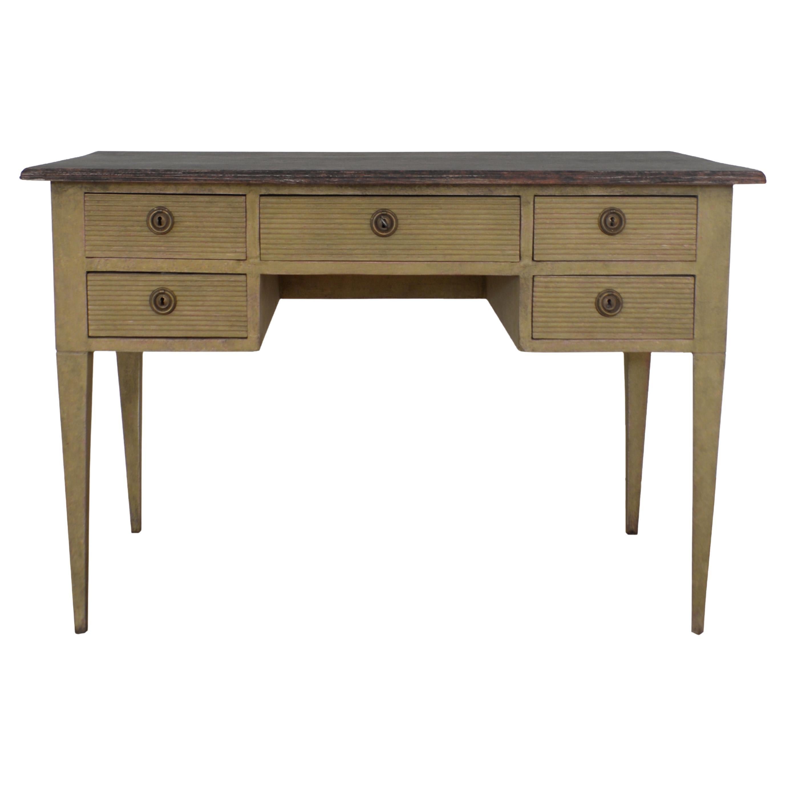 Swedish Painted Desk with Five Carved Reeded Drawers, Gustavian Style