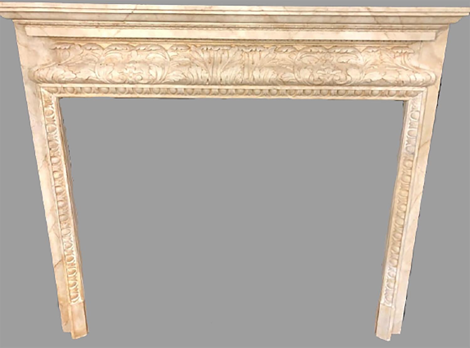 Swedish painted and distressed decorated fire surround in faux marble finish. This fine custom quality fire place surround comes directly off the walls of a Greenwich CT Mansion. The whole with fine carving having a faux marble finish all