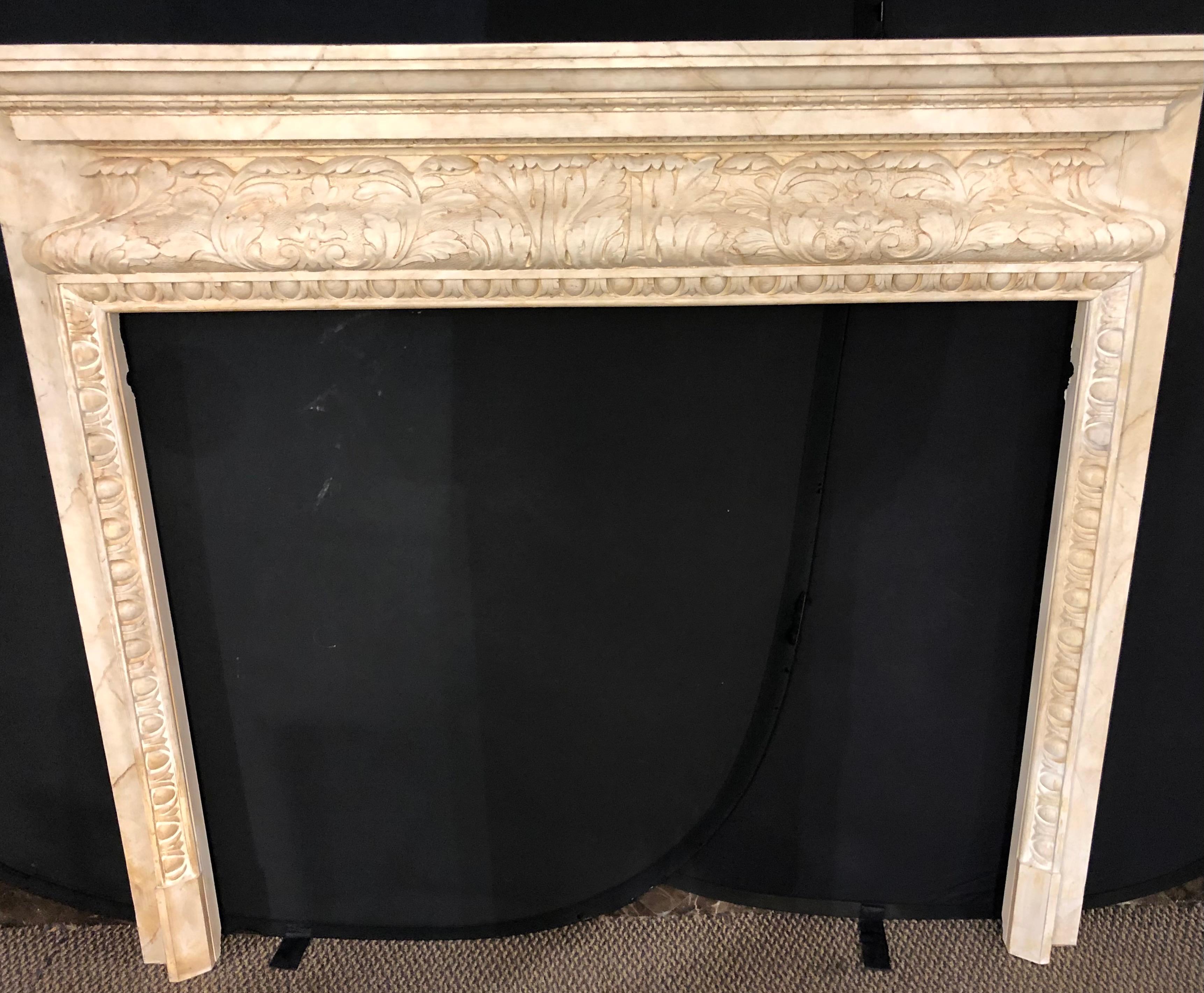 American Classical Swedish Painted and Distressed Decorated Fire Surround in Faux Marble Finish For Sale