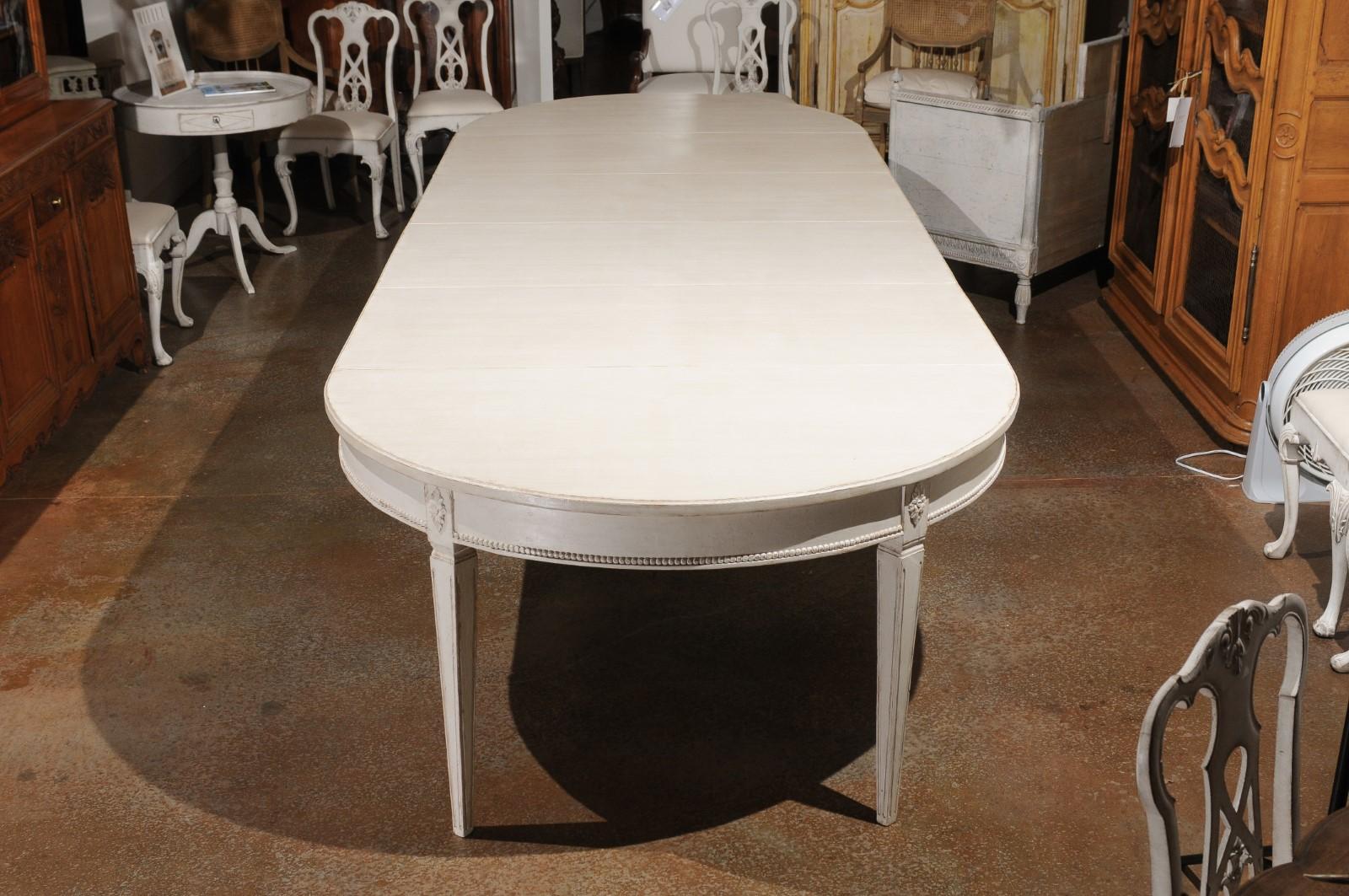 Gustavian Swedish Painted Oval Dining Room Table with Four Leaves, Rosettes and Beading