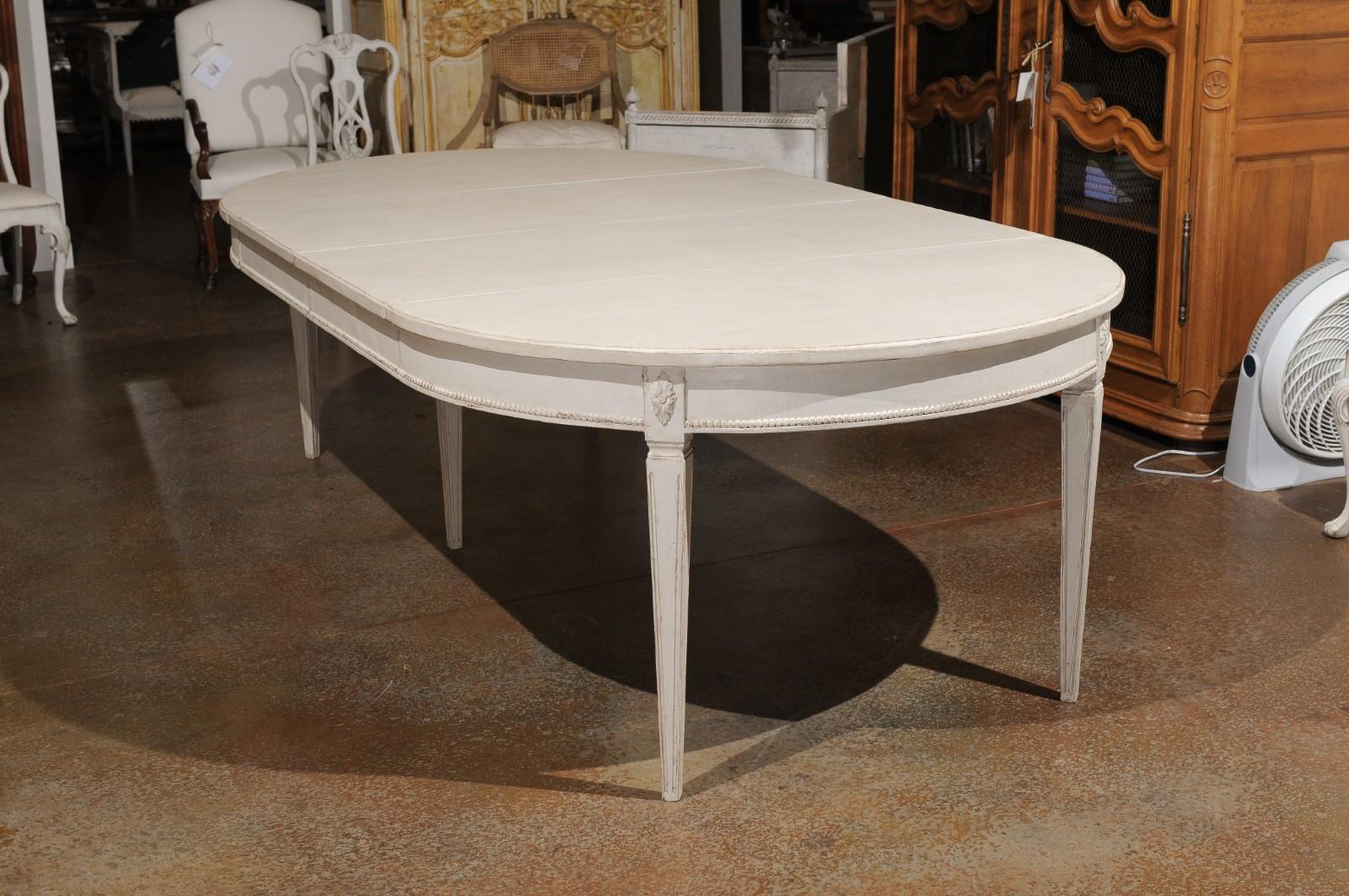 19th Century Swedish Painted Oval Dining Room Table with Four Leaves, Rosettes and Beading