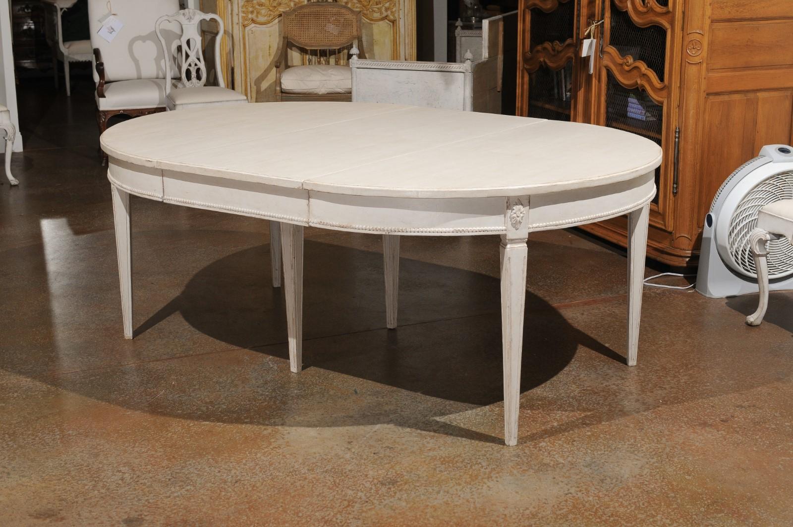 Wood Swedish Painted Oval Dining Room Table with Four Leaves, Rosettes and Beading