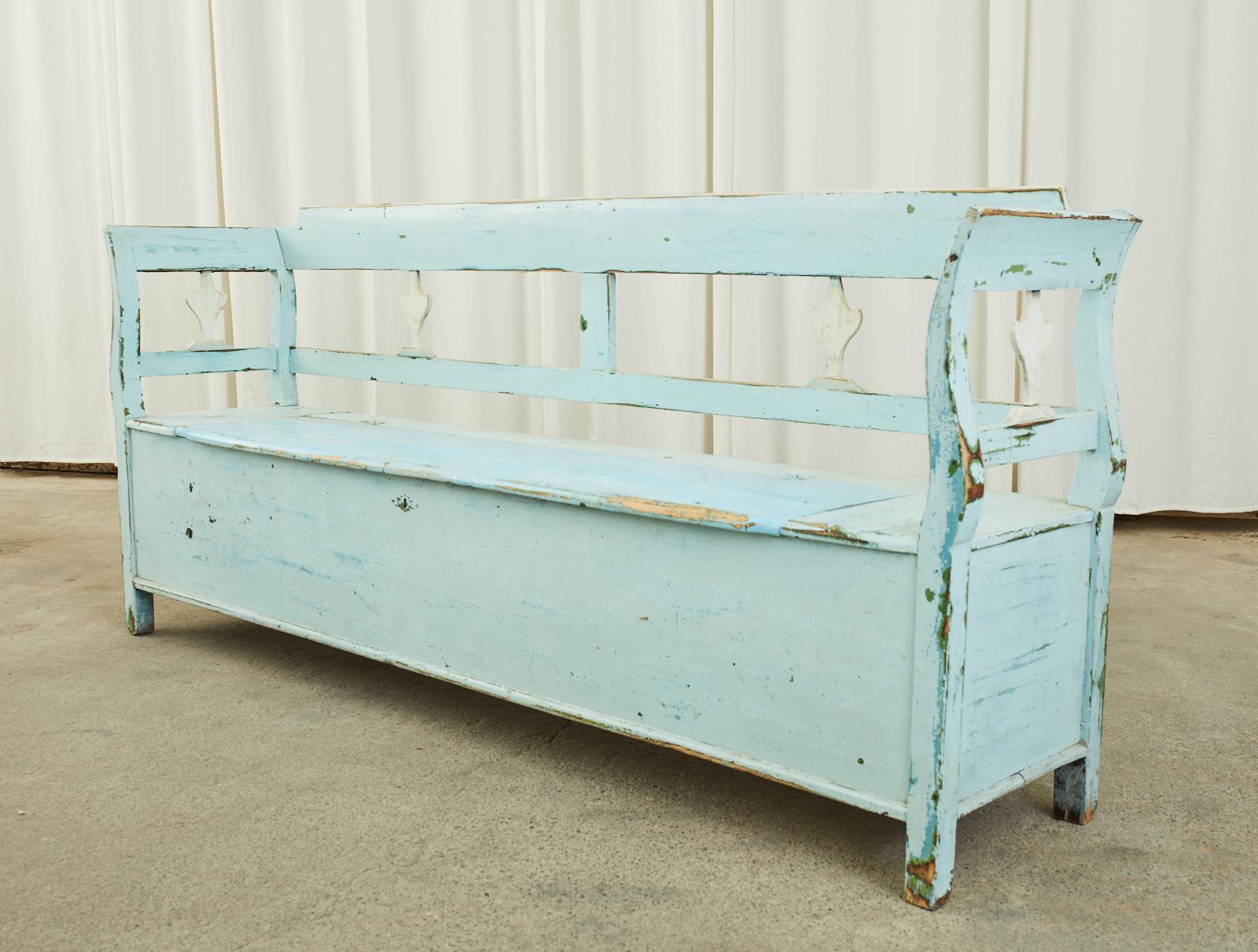Country Swedish Painted Pine Farmhouse Bench with Storage