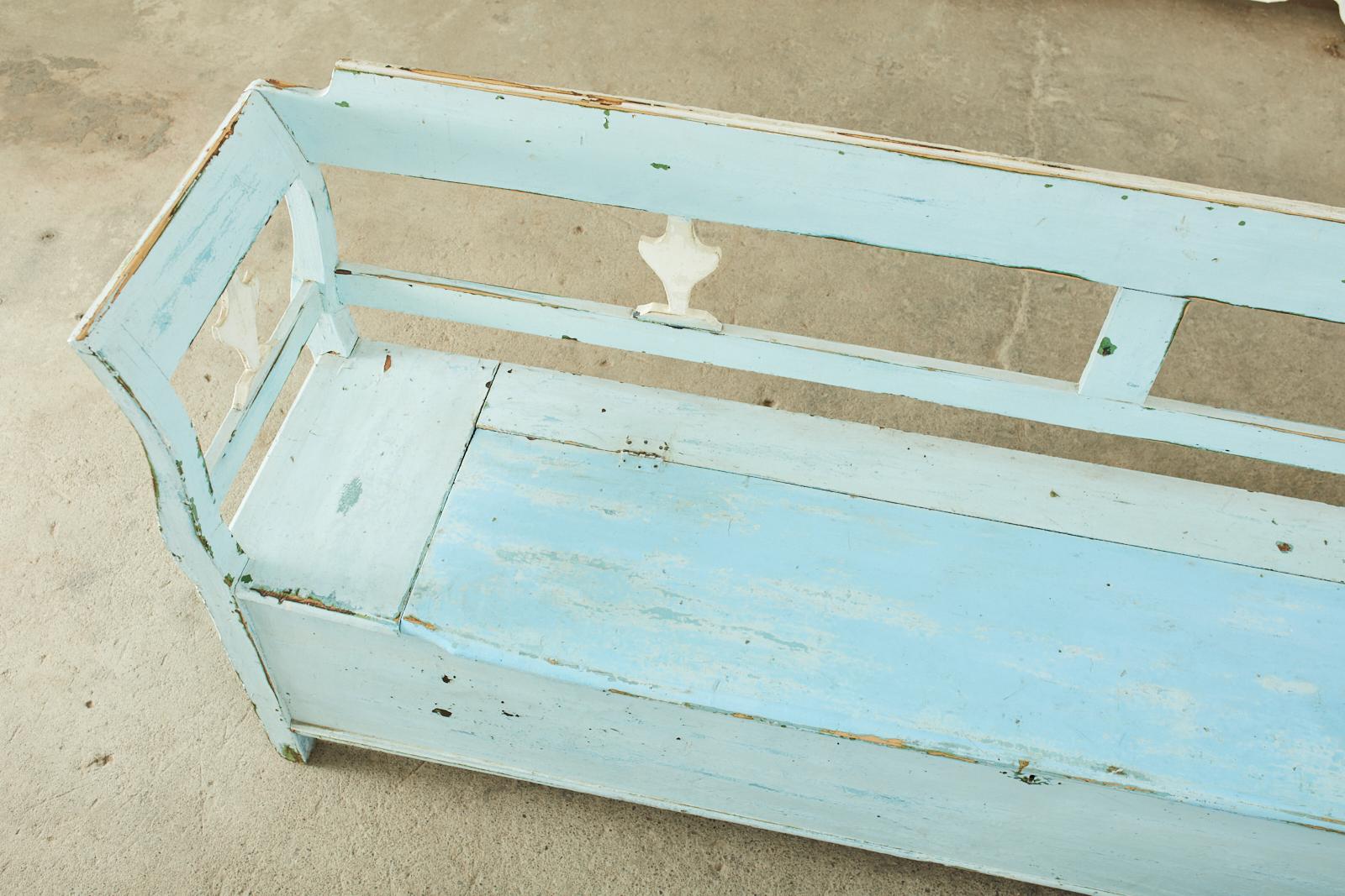 Swedish Painted Pine Farmhouse Bench with Storage In Distressed Condition In Rio Vista, CA