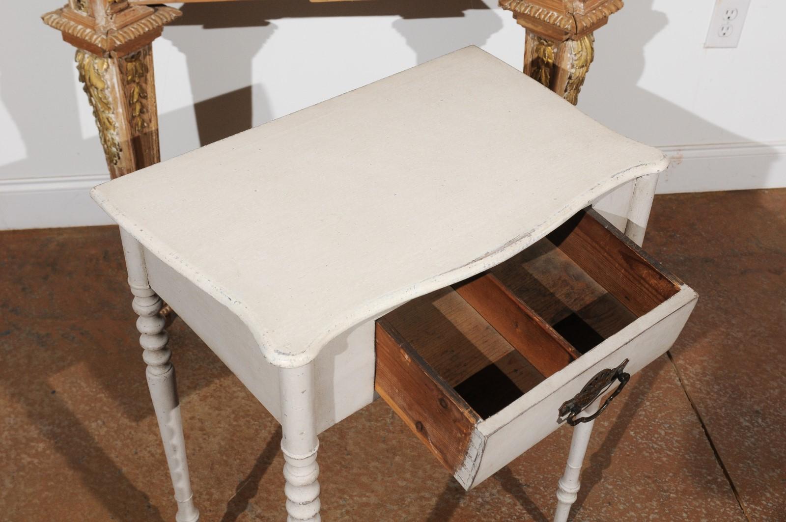 Swedish Painted Side Table with Single Drawer, Turned Legs and Serpentine Front For Sale 2