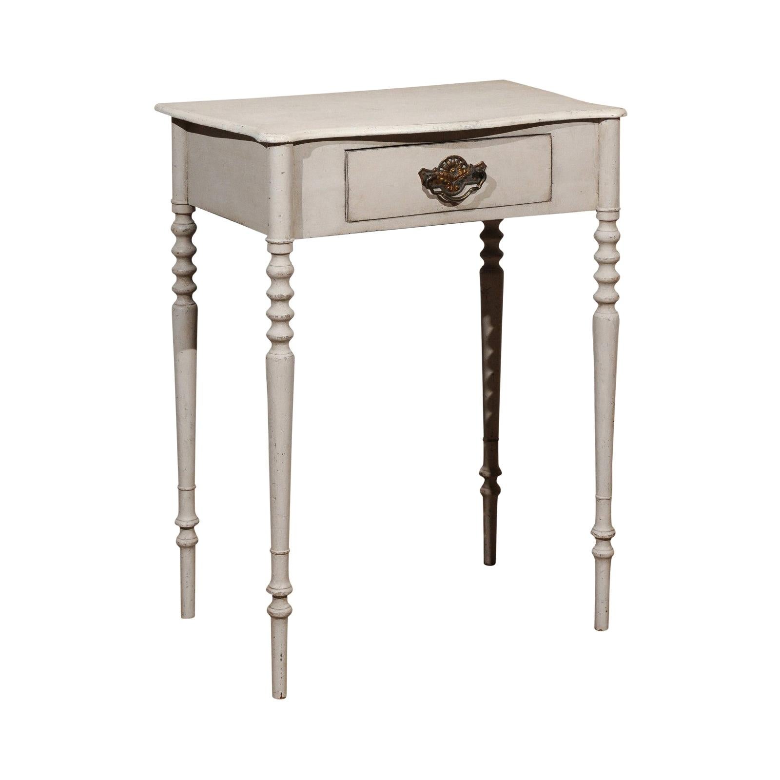 Swedish Painted Side Table with Single Drawer, Turned Legs and Serpentine Front For Sale at 1stDibs
