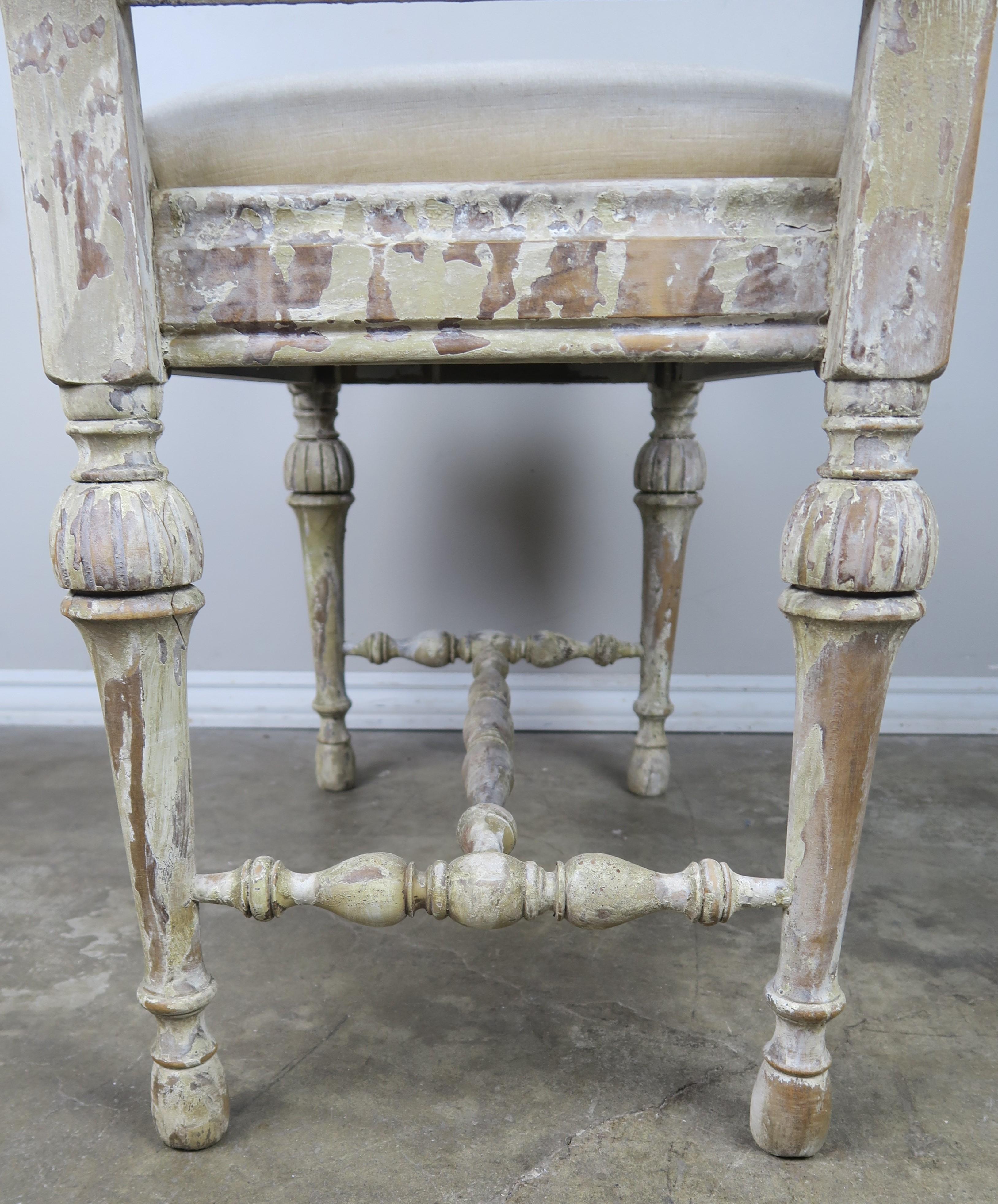 Swedish Painted Velvet Upholstered Vanity Bench In Distressed Condition In Los Angeles, CA