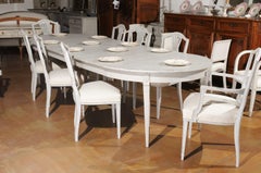 Swedish Painted Wood Oval Dining Room Table with Four Leaves and Medallions