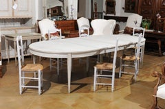 Swedish Painted Wood Oval Dining Room Table with Two Leaves and Tapered Legs