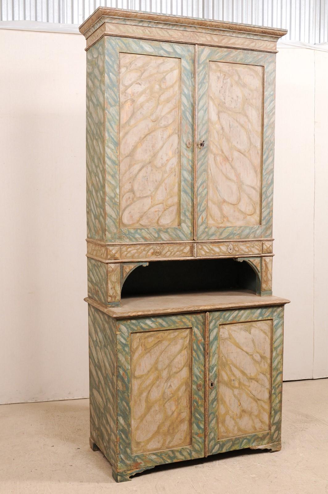 Carved Swedish Painted Wood Two-Piece Cupboard, circa 1830-1850